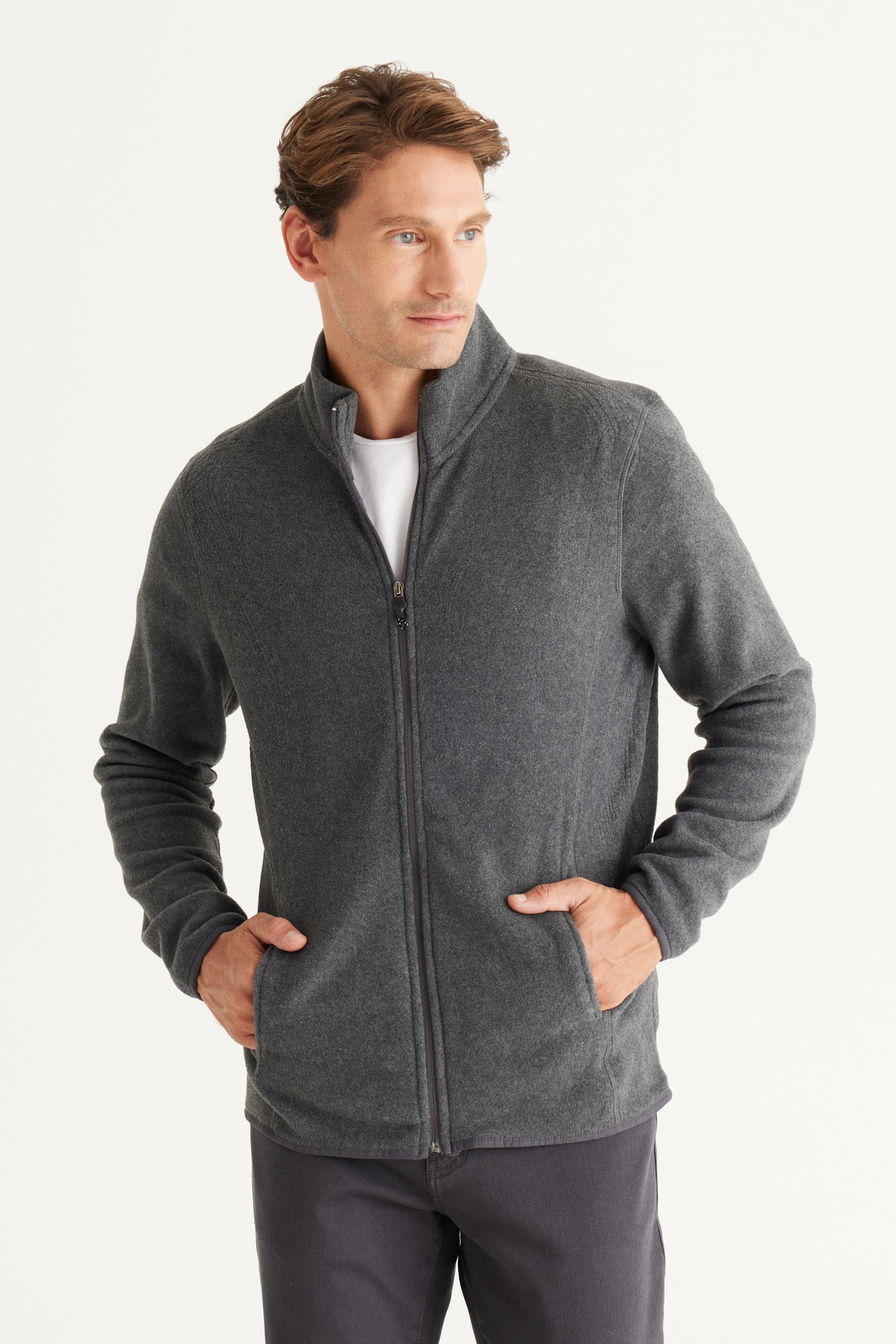 AC&Co / Altınyıldız Classics Men's Anthracite-melange Anti-pilling Anti-Pilling Standard Fit High Neck Sweatshirt Fleece Jacket