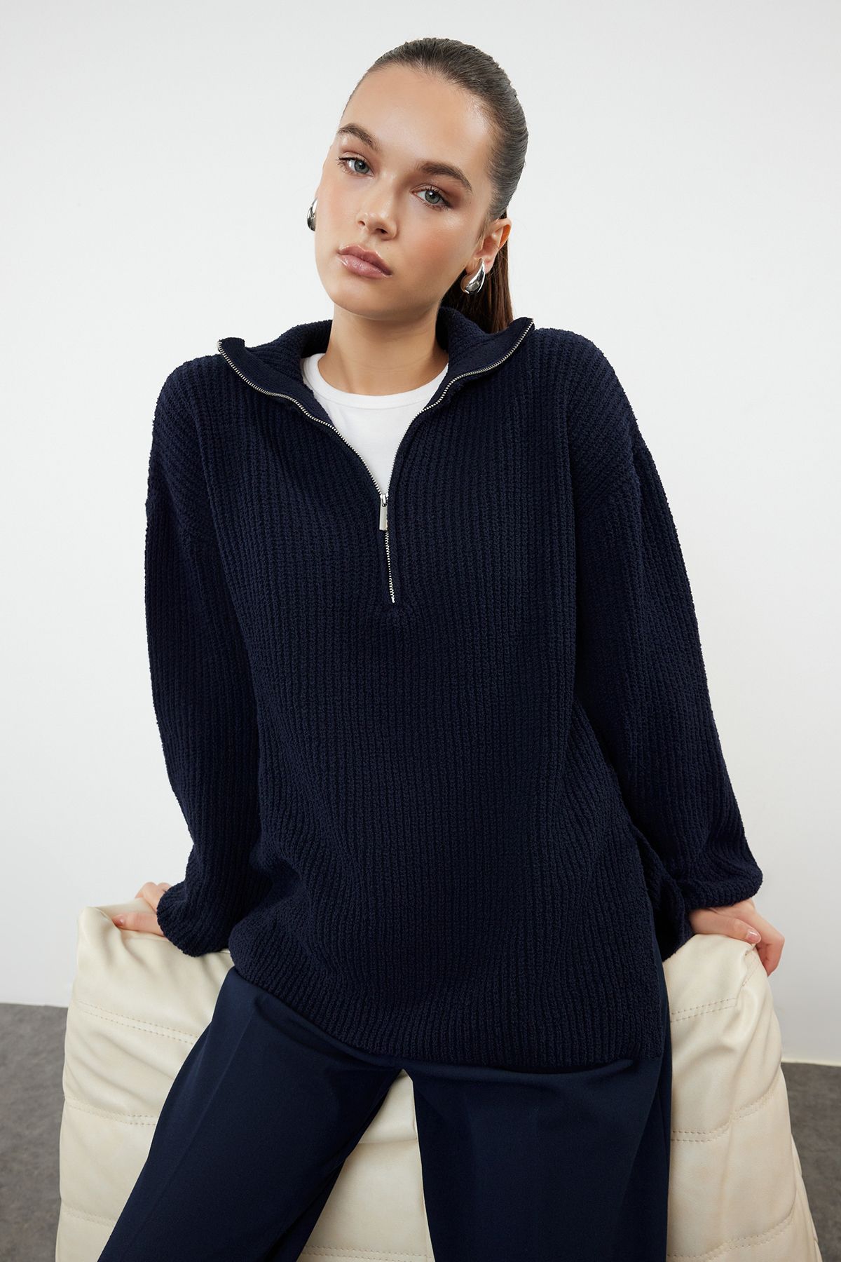 Trendyol Navy Blue More Sustainable Wide Pattern Knitted Sweater