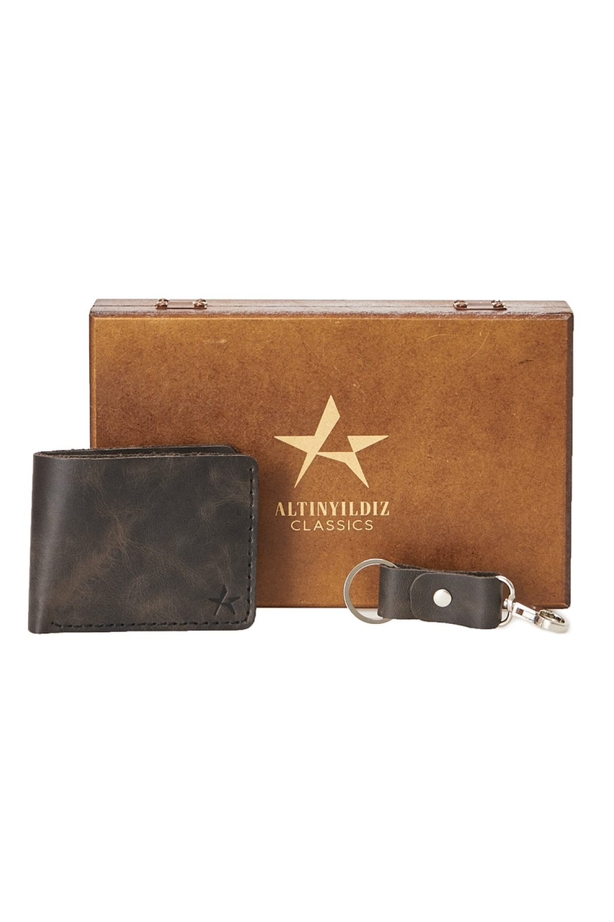 Levně ALTINYILDIZ CLASSICS Men's Black 100% Genuine Leather Wallet-Keychain Set with Special Gift Box