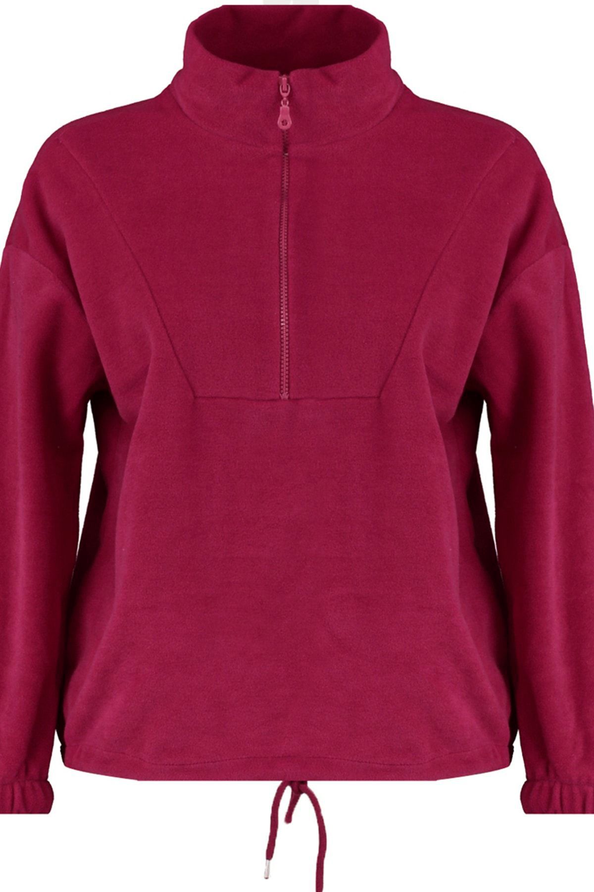 Trendyol Burgundy Zipper Detailed Fleece Knitted Sweatshirt