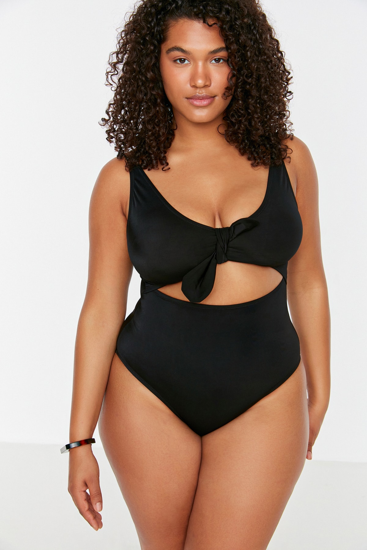 Trendyol Curve Black Cut Out Tie Detail Slimming Effect Swimsuit