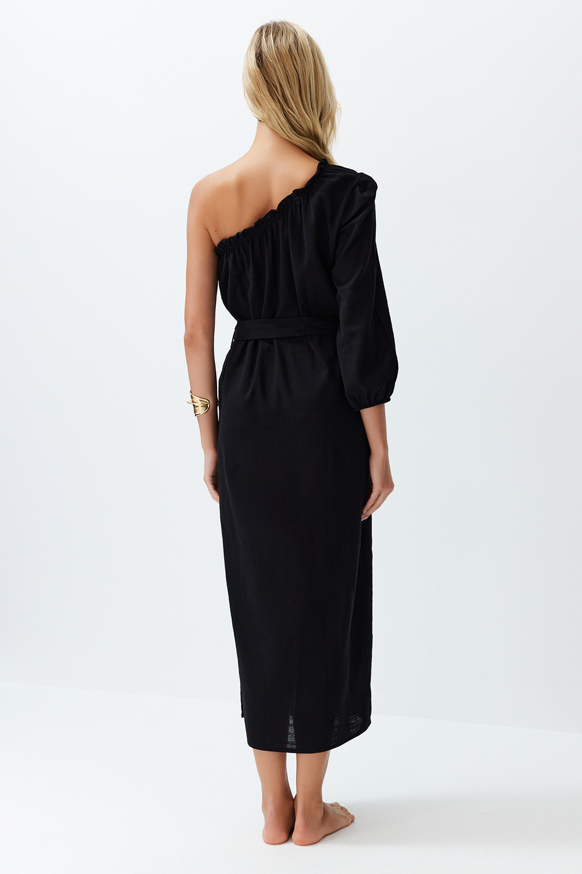 Trendyol Black Belted Maxi Woven Linen Blend One Shoulder Beach Dress