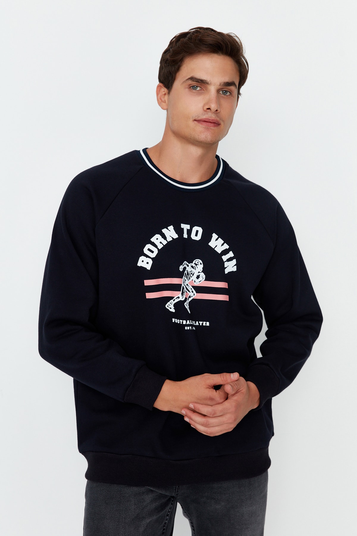 Trendyol Navy Men's Oversize Fit Printed Cotton Cotton Fleece Inside College Theme Sweatshirt