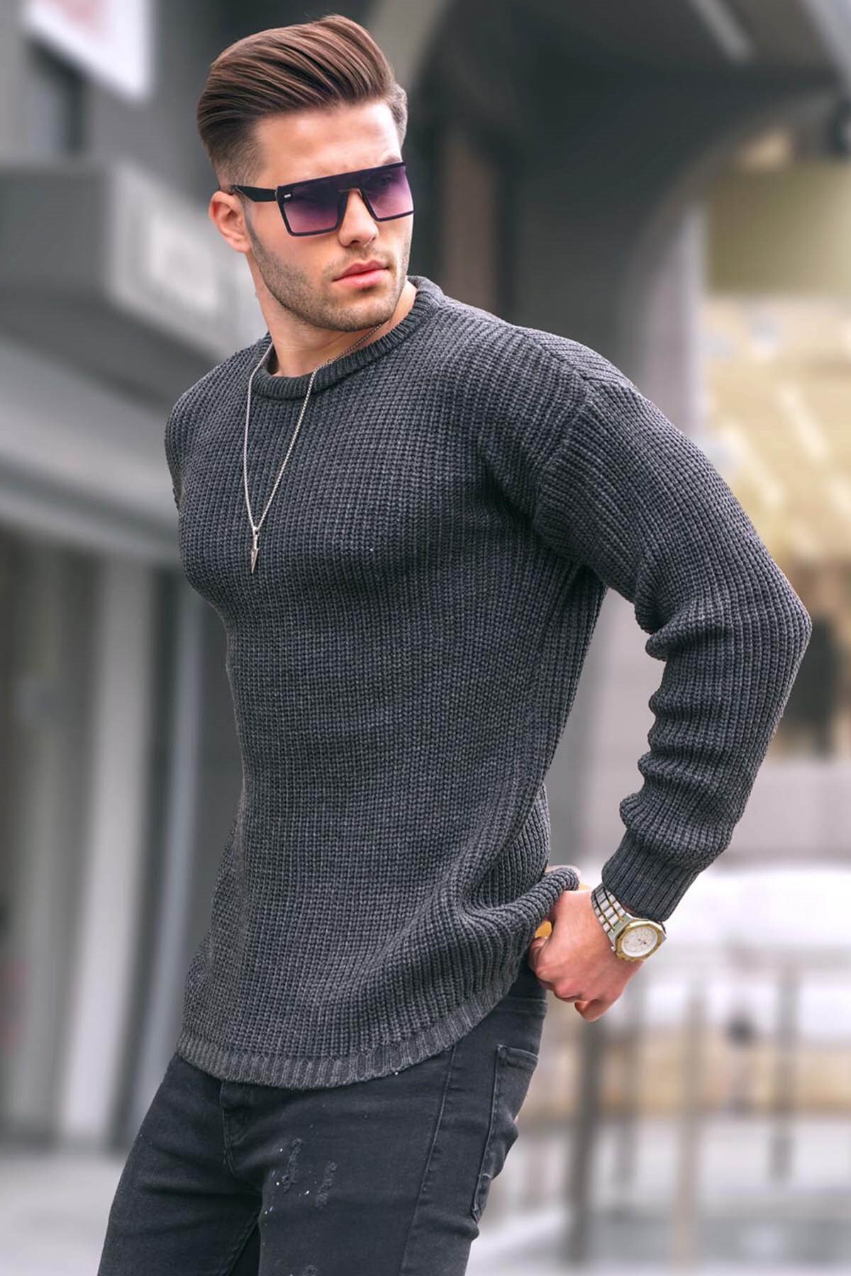 Levně Madmext Anthracite Basic Knitwear Men's Sweater 5990