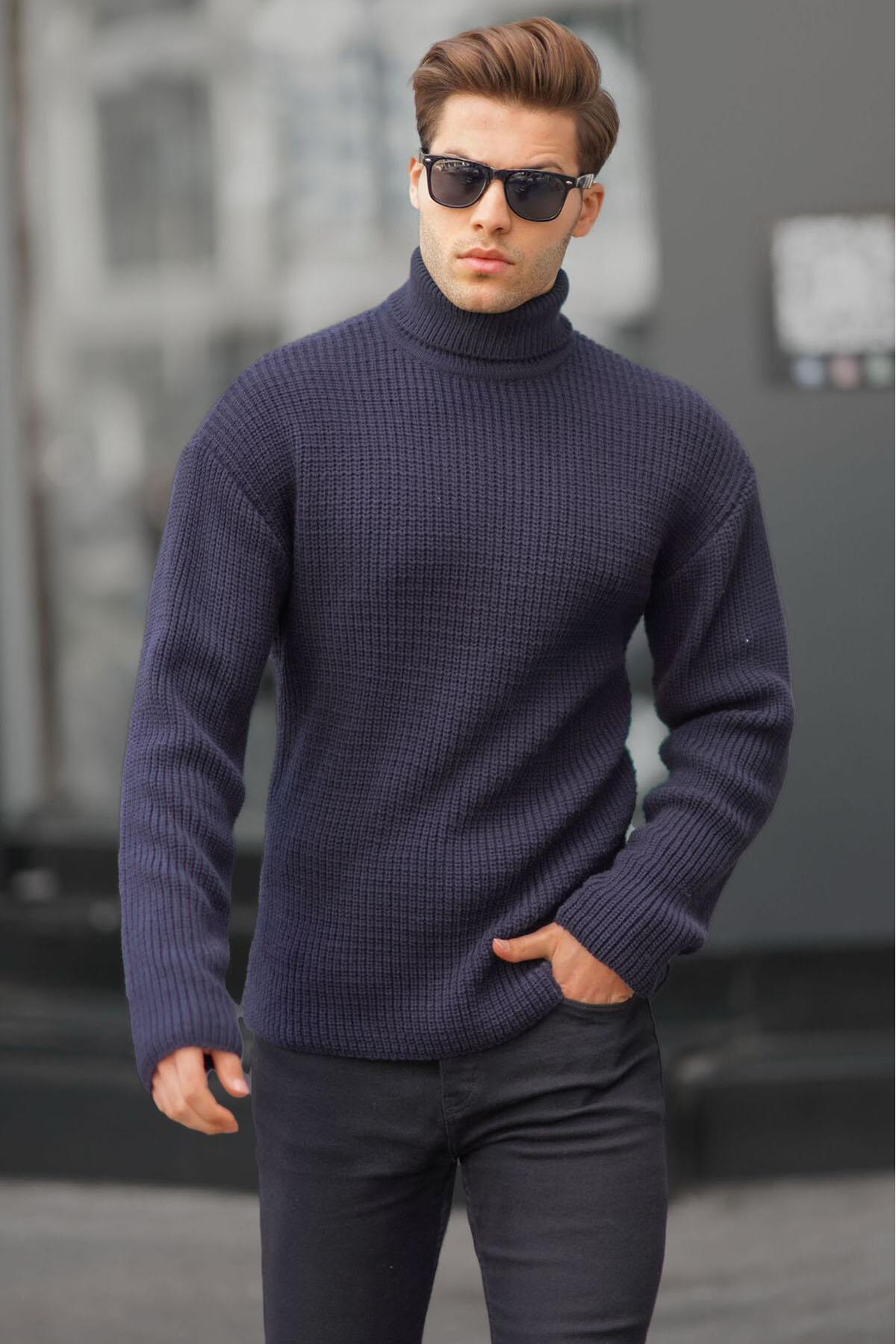 Levně Madmext Navy Blue Turtleneck Knitted Sweater 6858