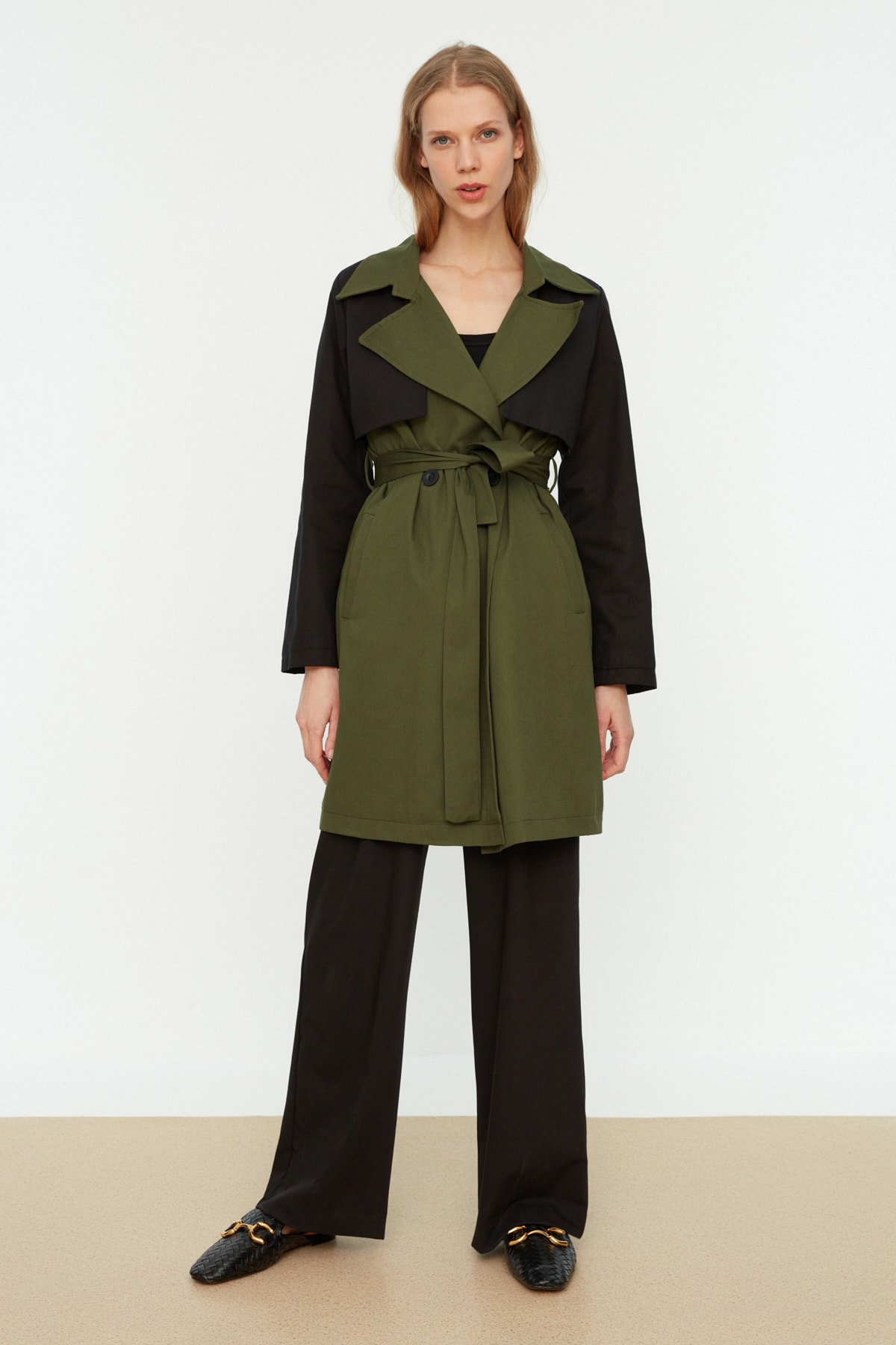 Trendyol Black Color Block Trench Coat with a Belt