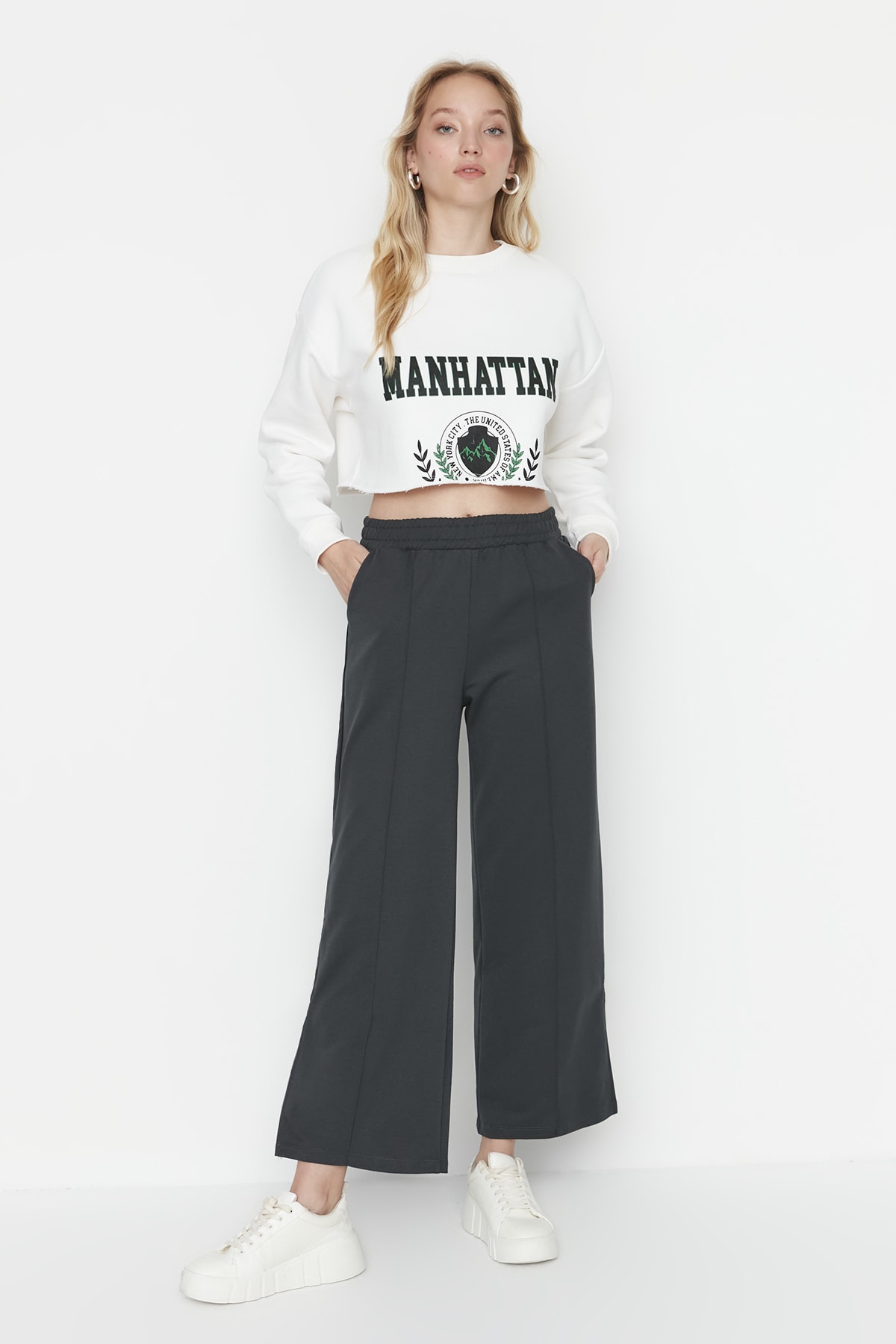 Trendyol Anthracite Stripe Detailed With Slits, Fine Knitted Sweatpants