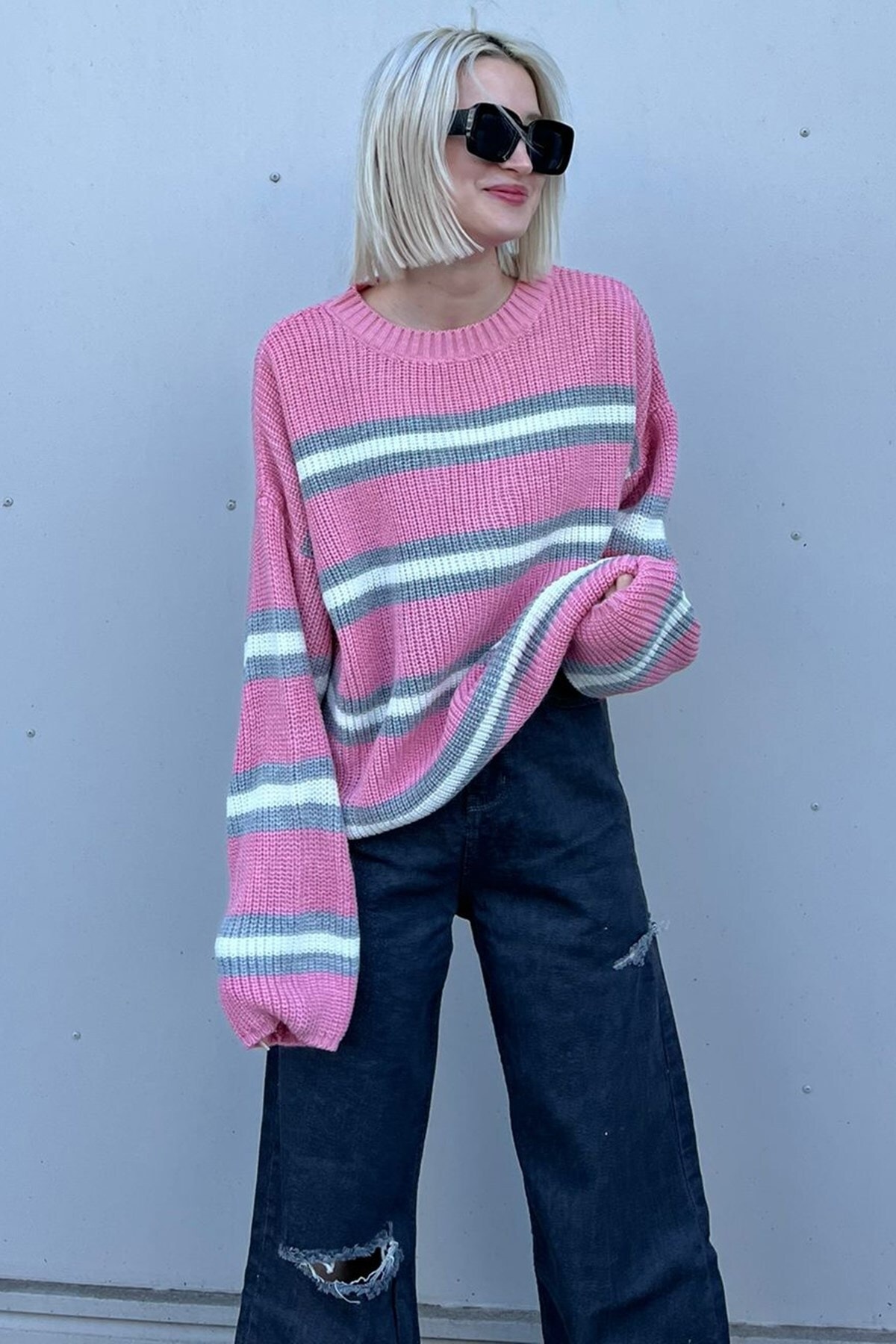 Levně Madmext Pink Striped Knitwear Sweater