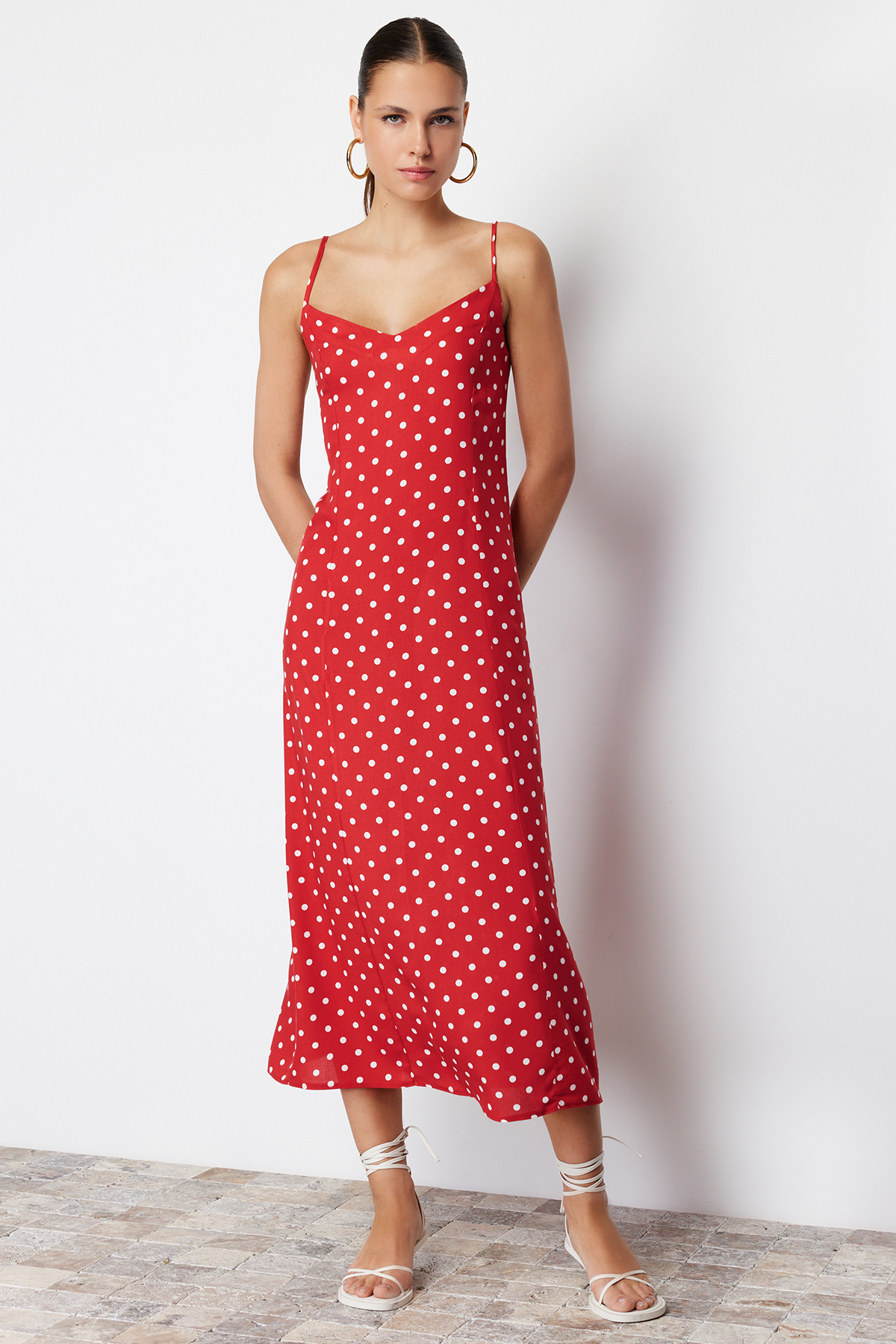 Trendyol Red A-Cut Back Tie Detailed Midi Woven Dress
