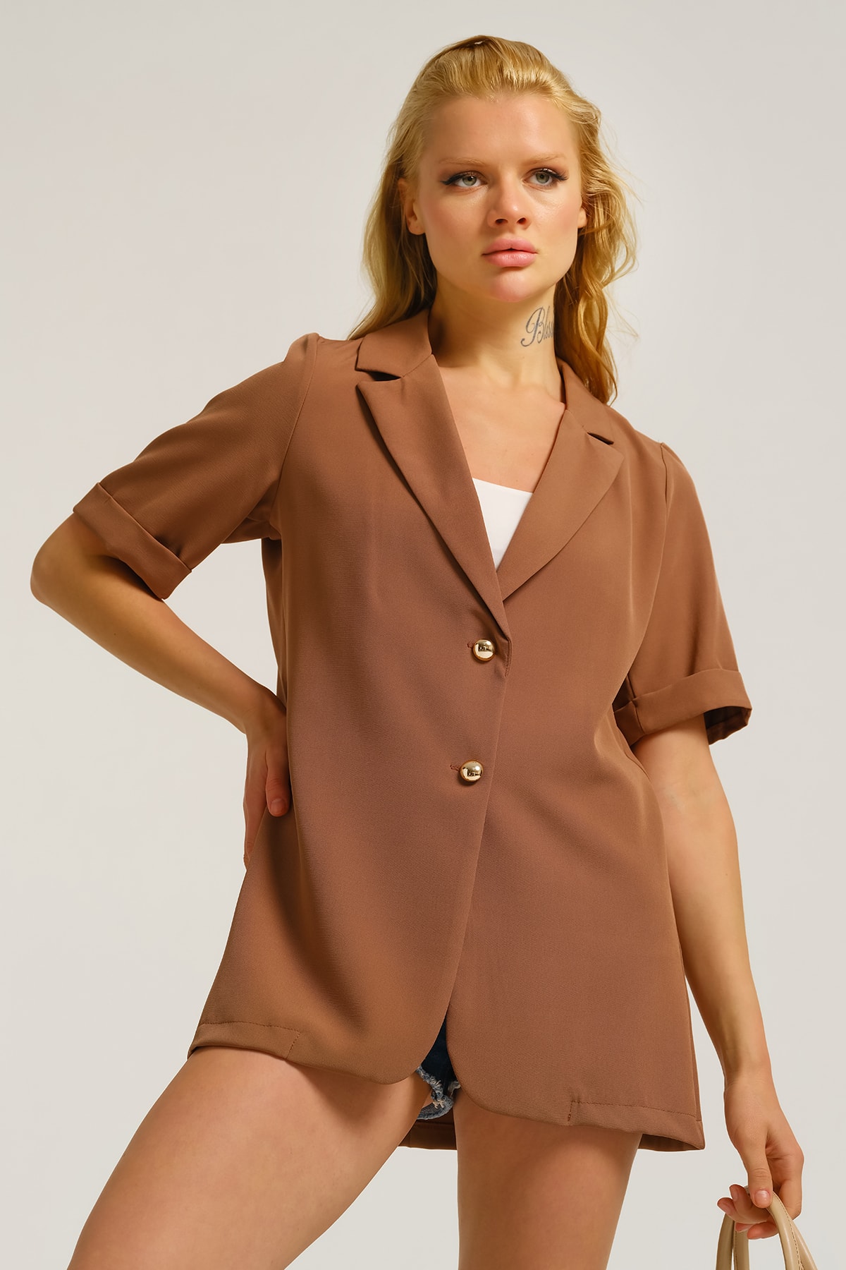 Levně armonika Women's Mink Short Sleeve Two Button Oversize Jacket