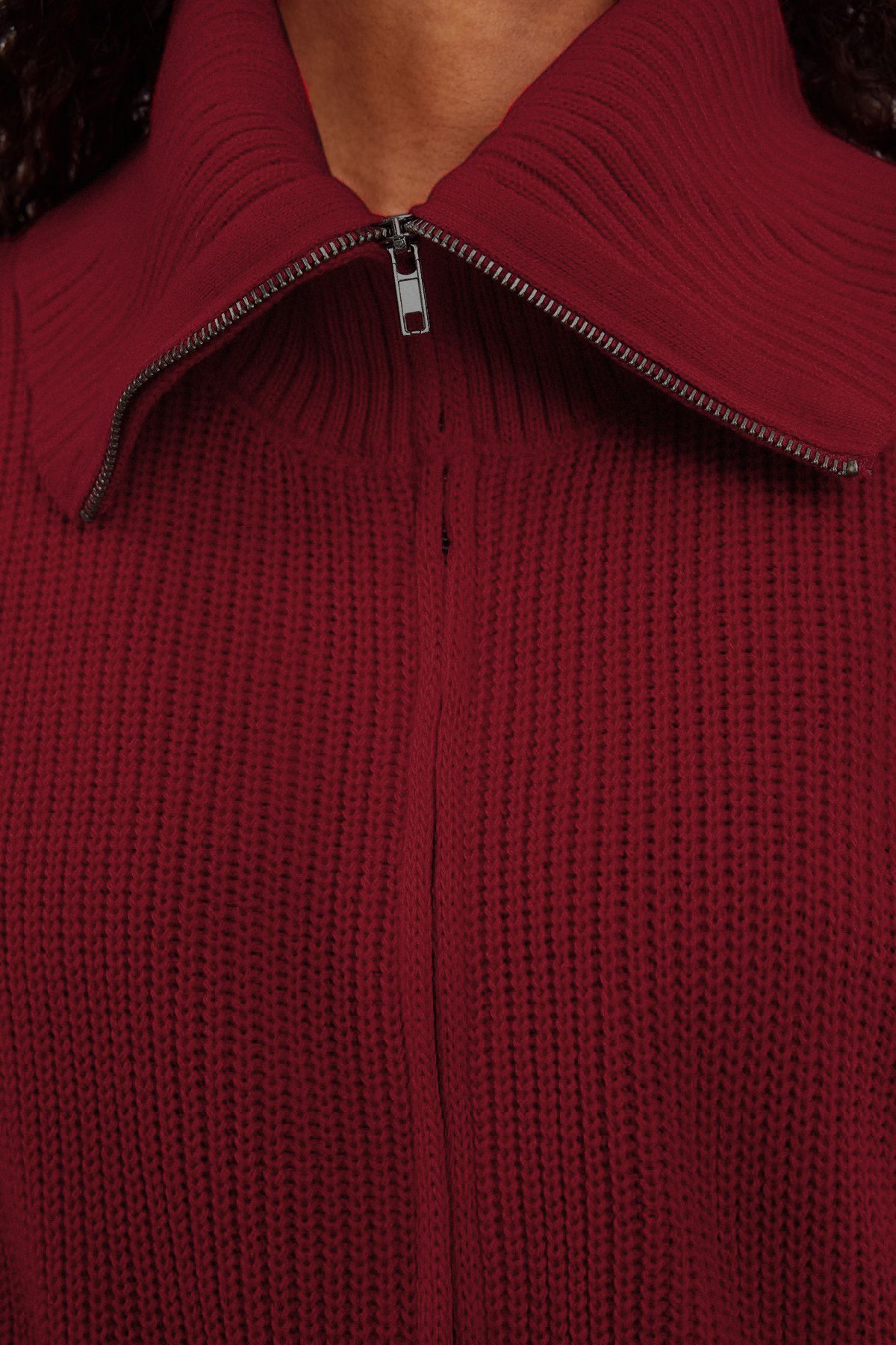 Trendyol Claret Red Wide Pattern Turndown Collar Zippered Knitwear Cardigan