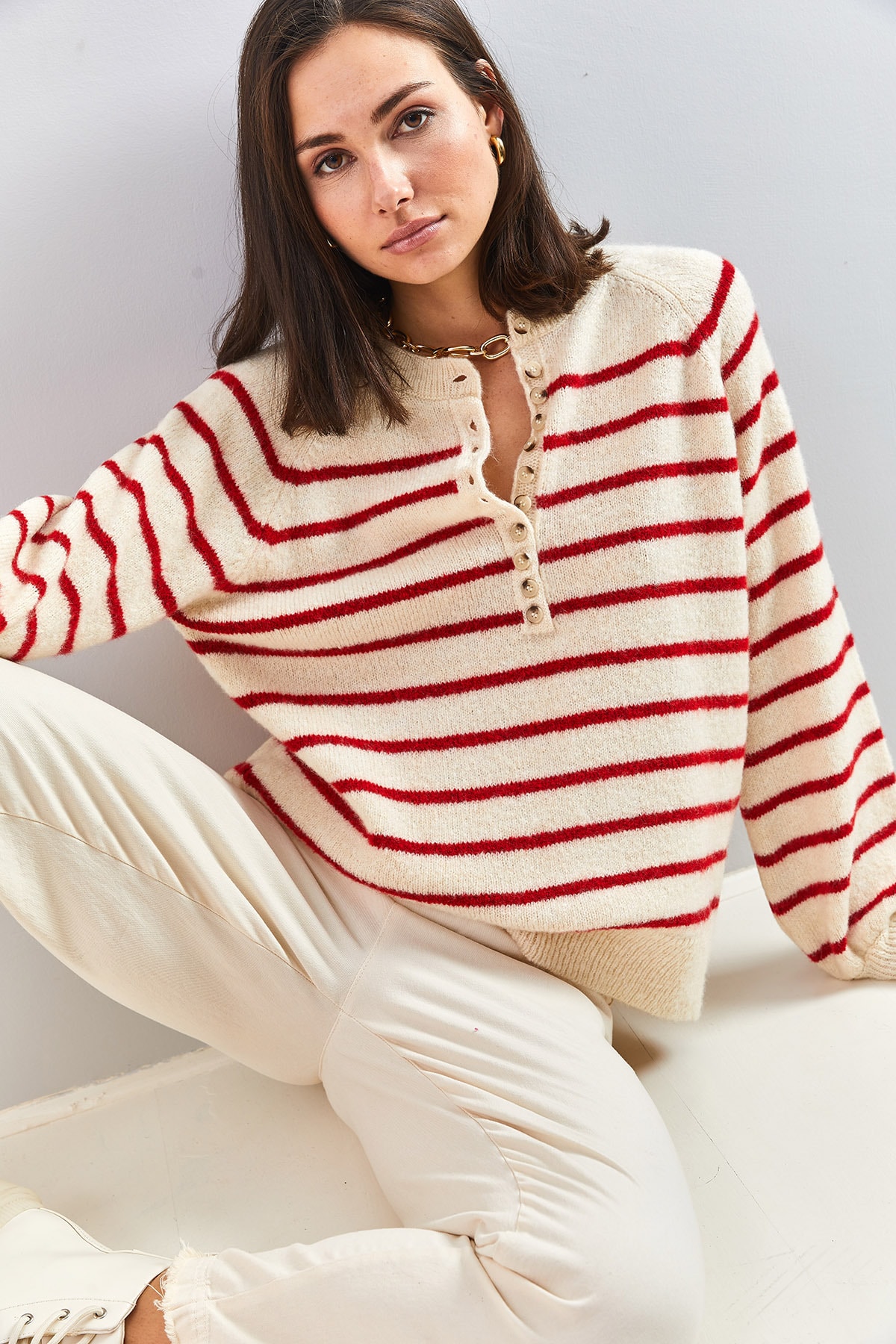 Bianco Lucci femei nasturi în jos guler turtleneck dungi tricotaje pulover
