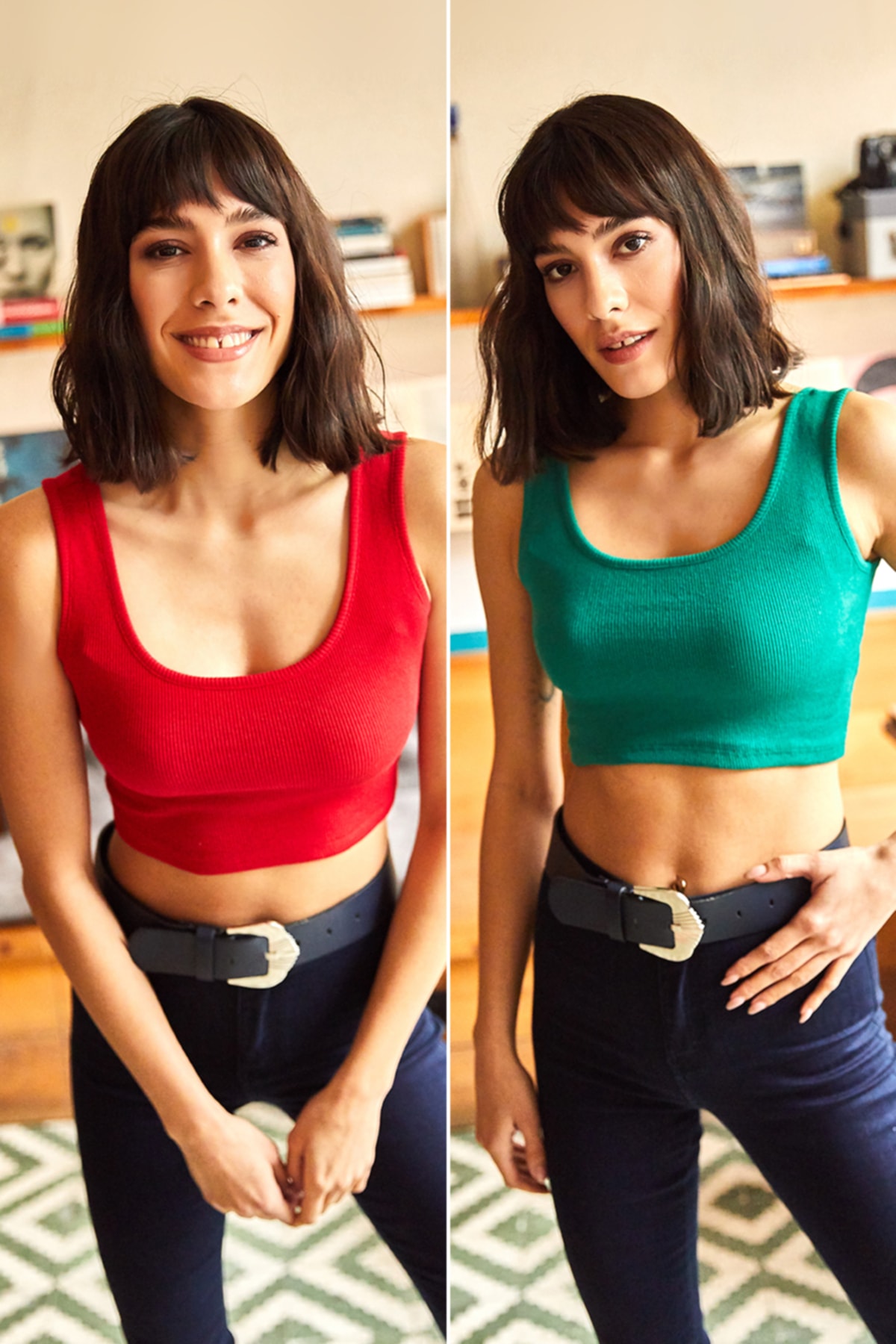 Olalook Women's Green Red Strappy 2-Piece Lycra Knitted Crop Blouse