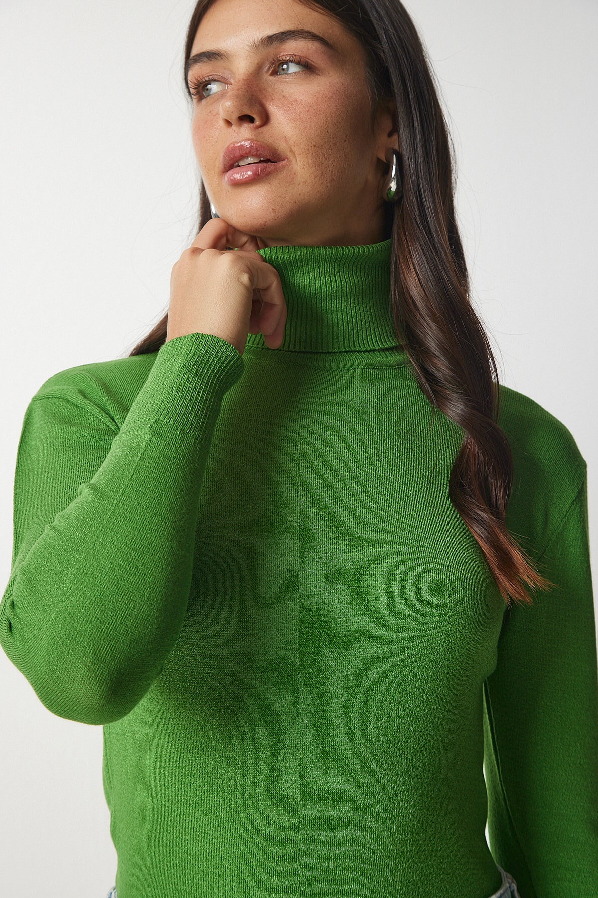 Levně Štěstí İstanbul Dámský zelený rolák žebrovaný pletený svetr