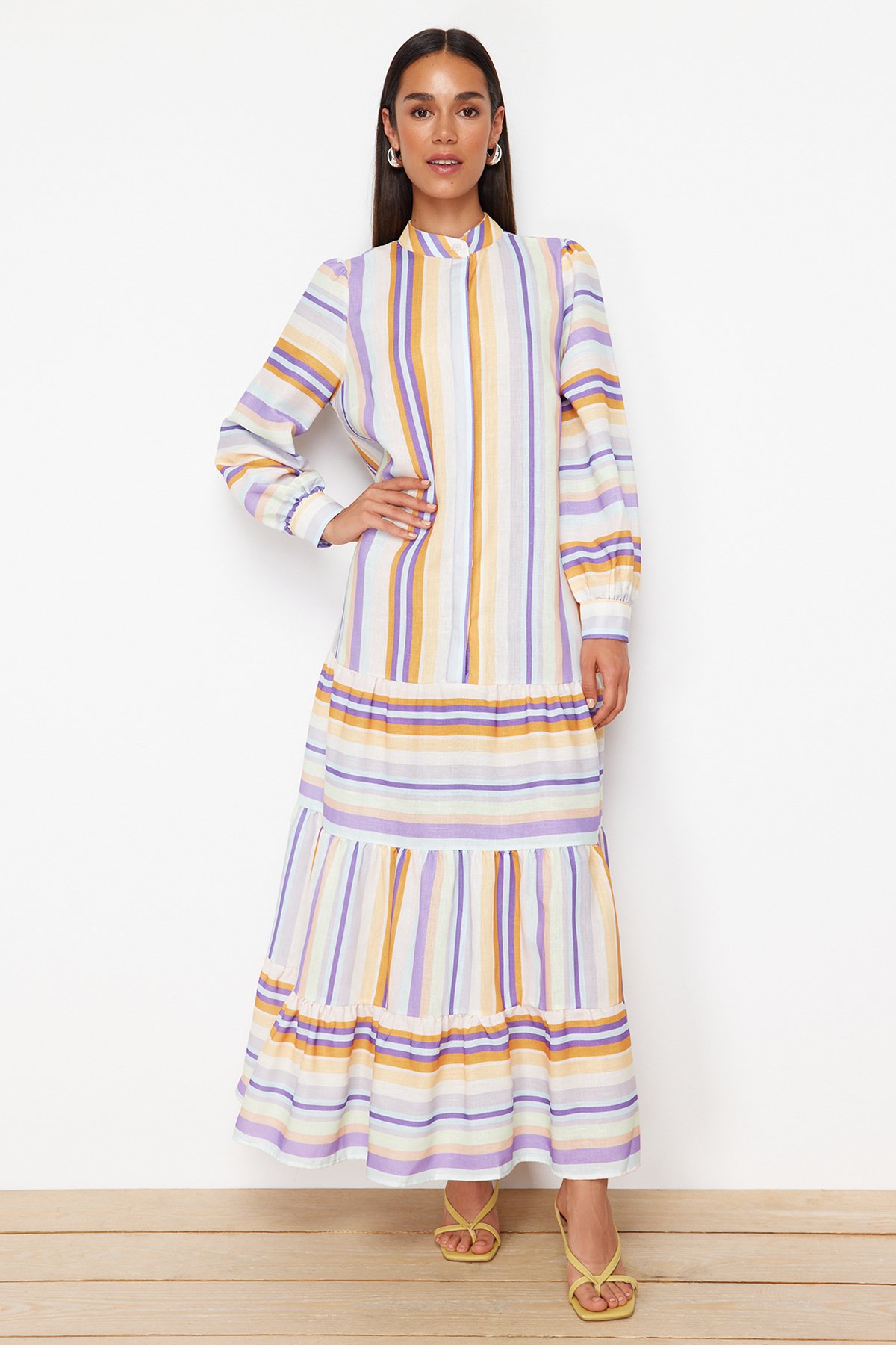 Levně Trendyol Lilac Striped Skirt Ruffled Linen Look Woven Dress