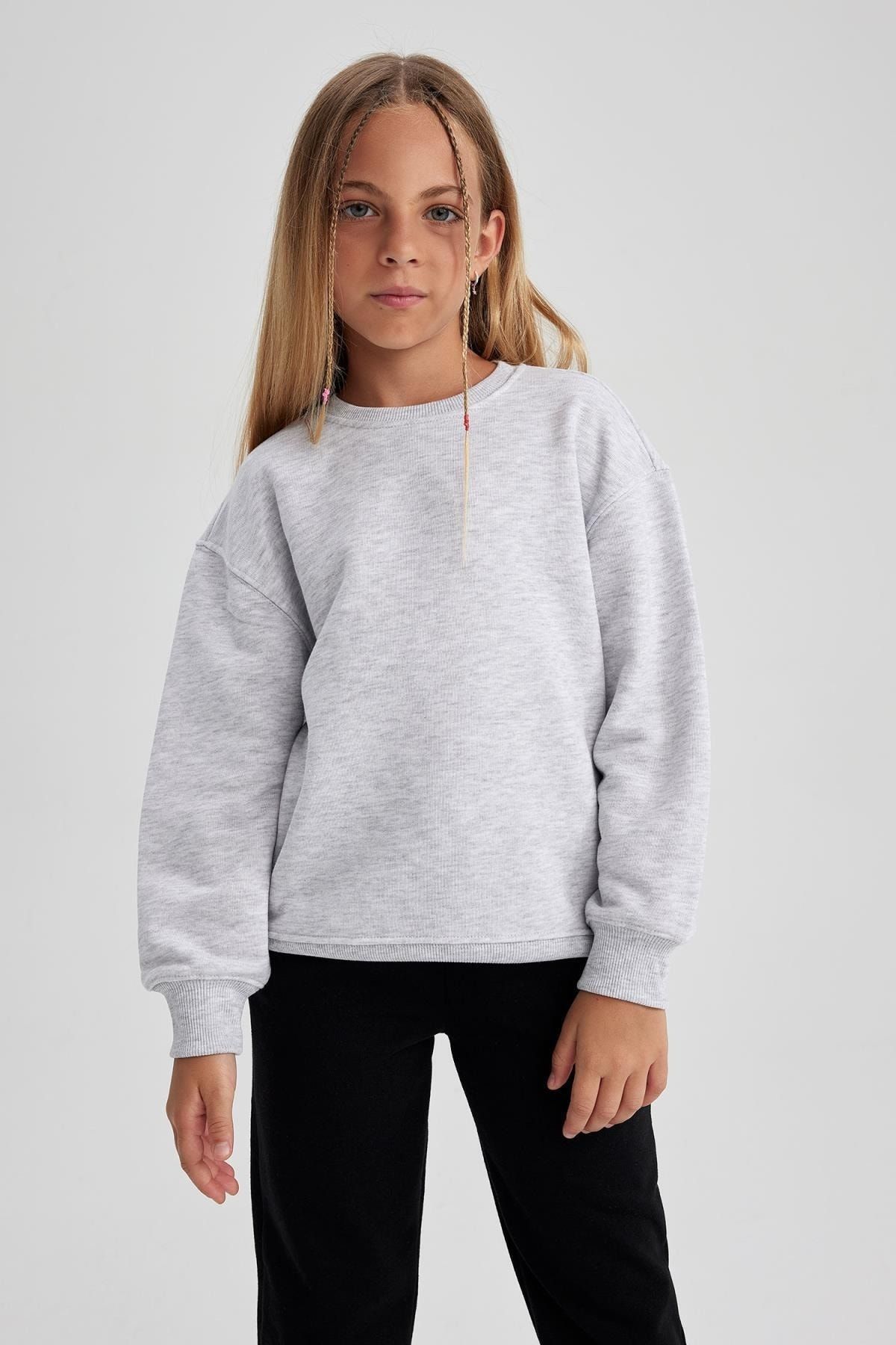 DEFACTO Girl's Gray Crew Neck School Sweatshirt