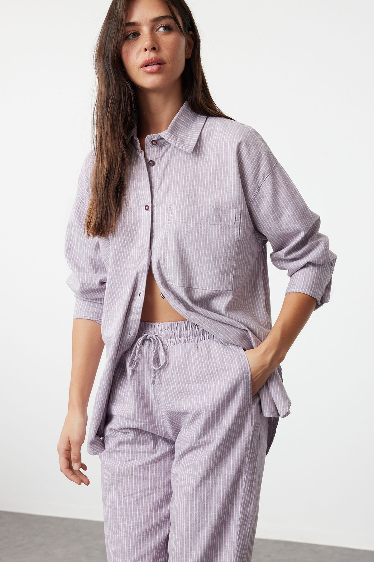 Trendyol Lilac Linen Blend Oversize Striped Shirt