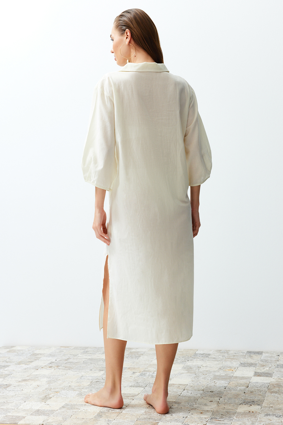 Trendyol Ecru Wide Fit Midi Woven Balloon Sleeve 100% Cotton Beach Dress