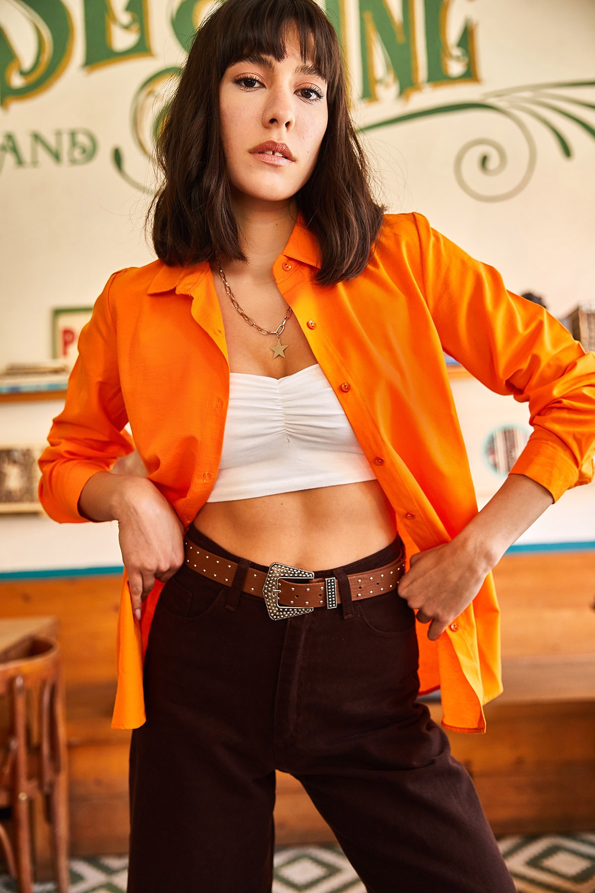Levně Olalook Women's Orange Basic Woven Poplin Shirt