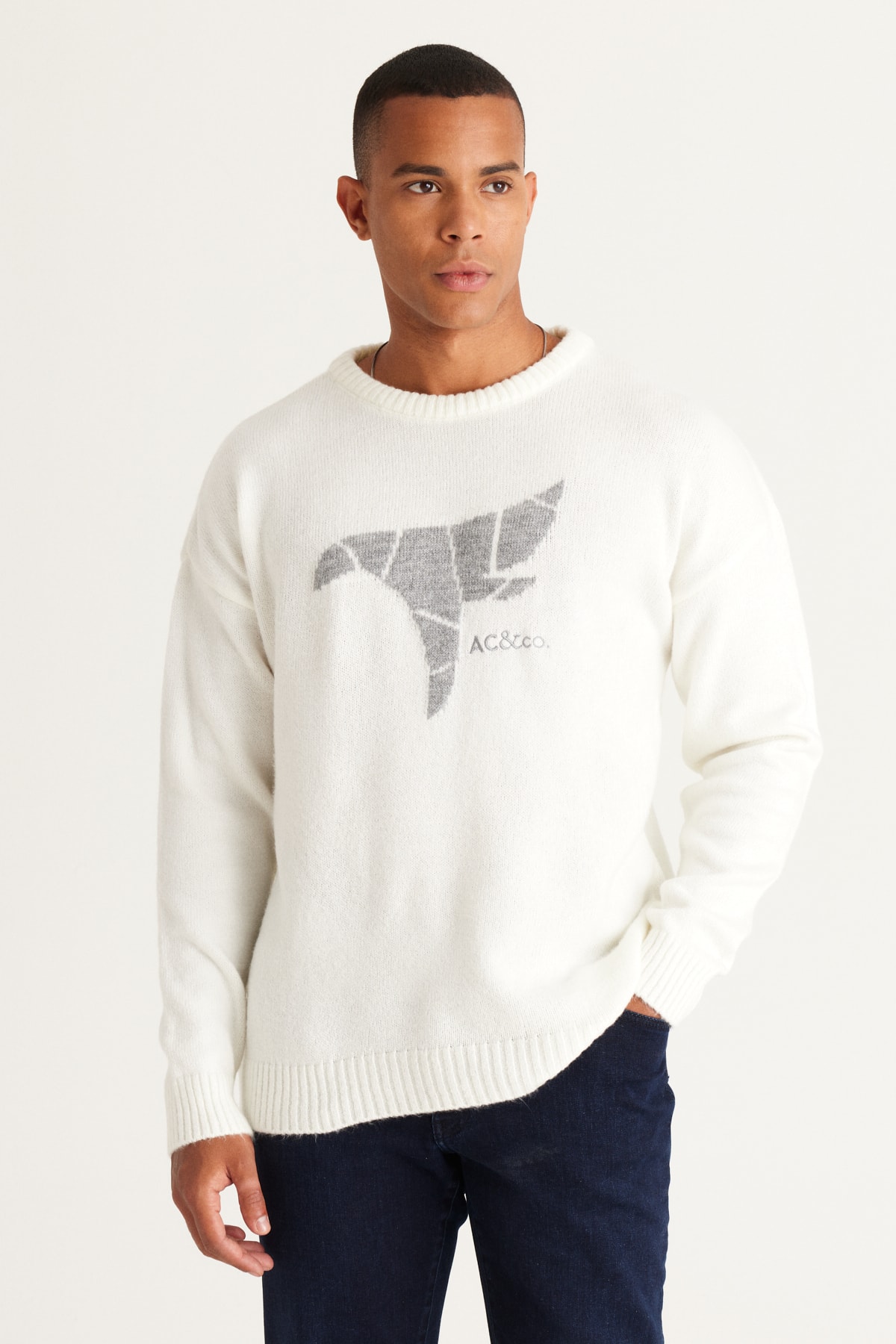 Levně AC&Co / Altınyıldız Classics Men's Ecru Oversize Wide Cut Crew Neck Patterned Soft Textured Knitwear Sweater