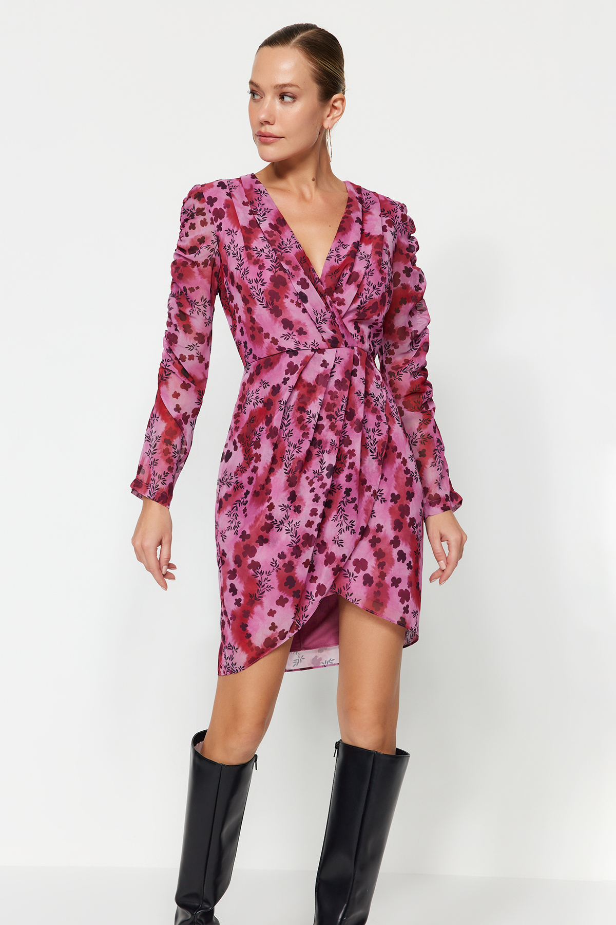 Trendyol Multi Color Double Breasted Mini Lined Floral Pattern Woven Dress