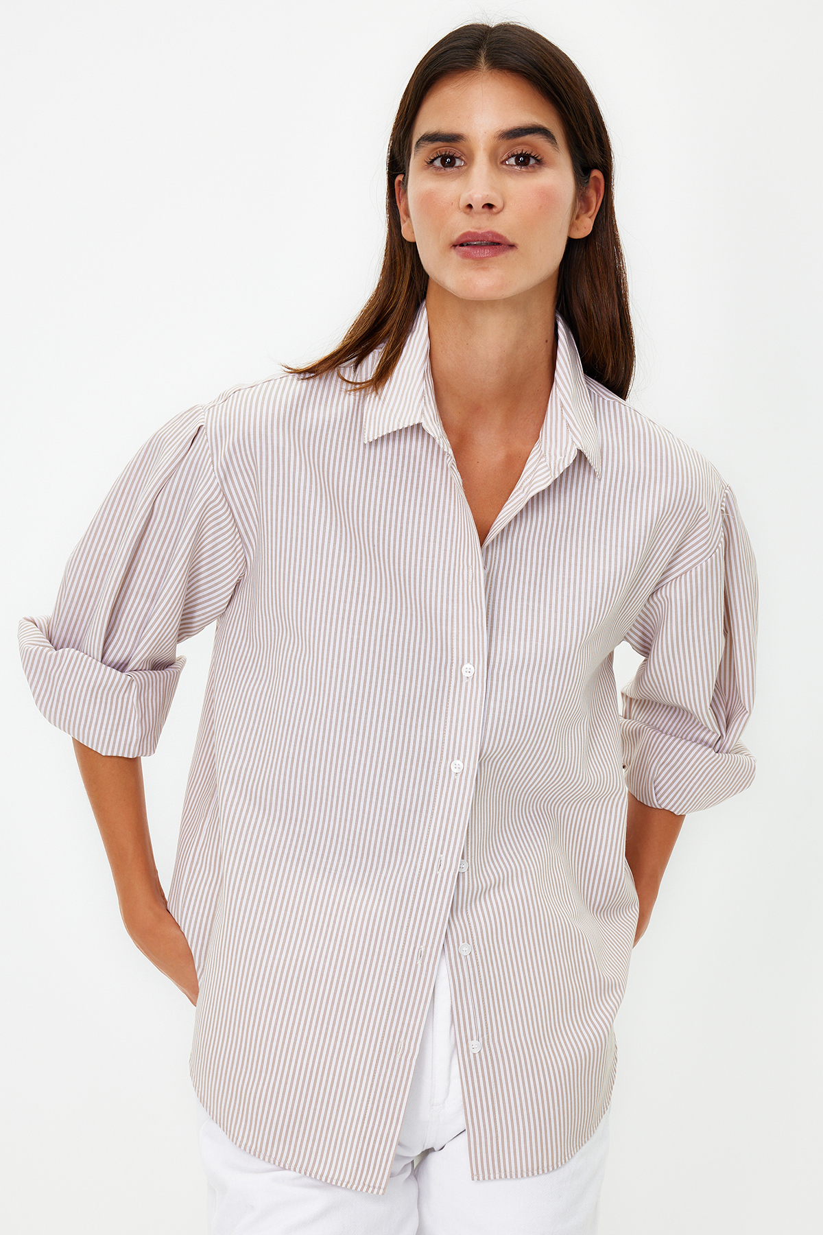 Trendyol Beige Striped Wide Cut Woven Shirt