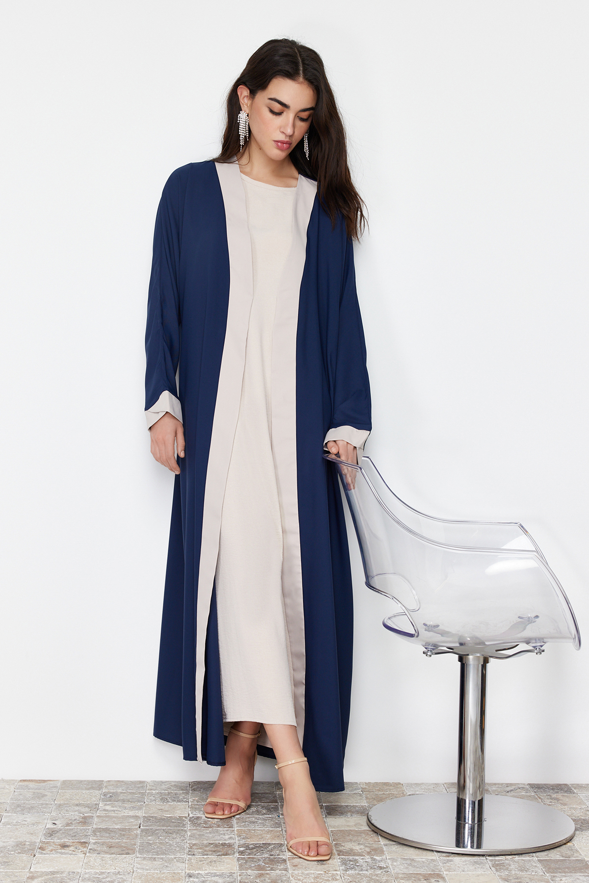 Trendyol Navy Blue Color Blocked Long Woven One Piece Cap & Abaya & Abaya Without Dress