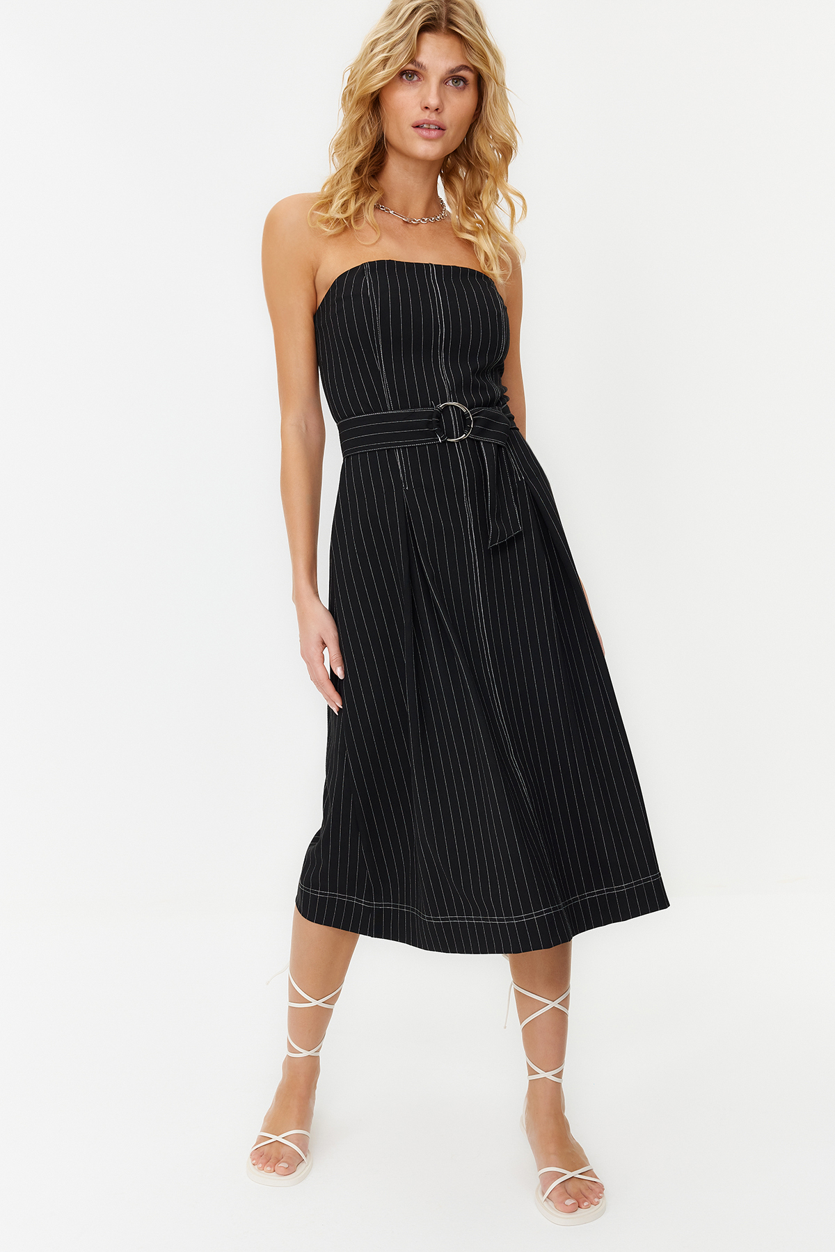 Levně Trendyol Black Belted Premium Fabric Skirt Flounce Striped Woven Dress
