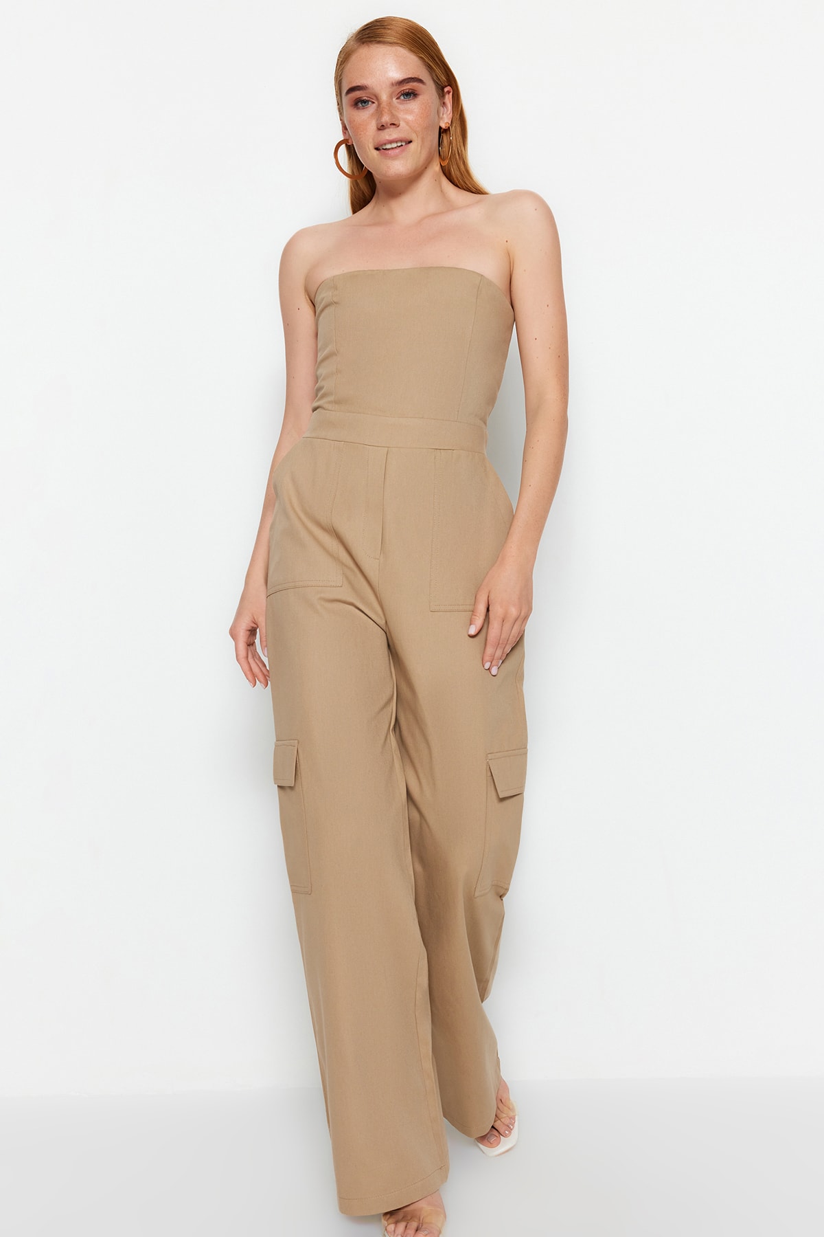 Trendyol Camel Cargo Pocket Strapless Collar Maxi Woven Jumpsuit