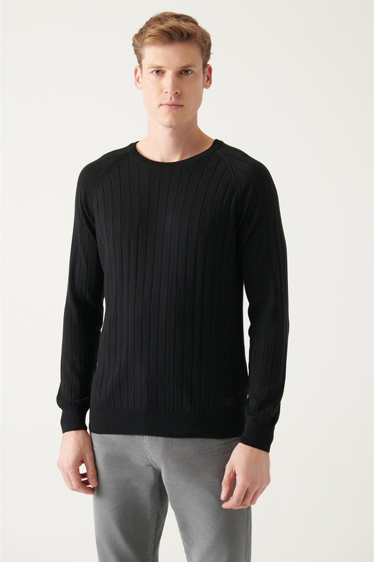 Levně Avva Men's Black Crew Neck Jacquard Slim Fit Slim Fit Knitwear Sweater