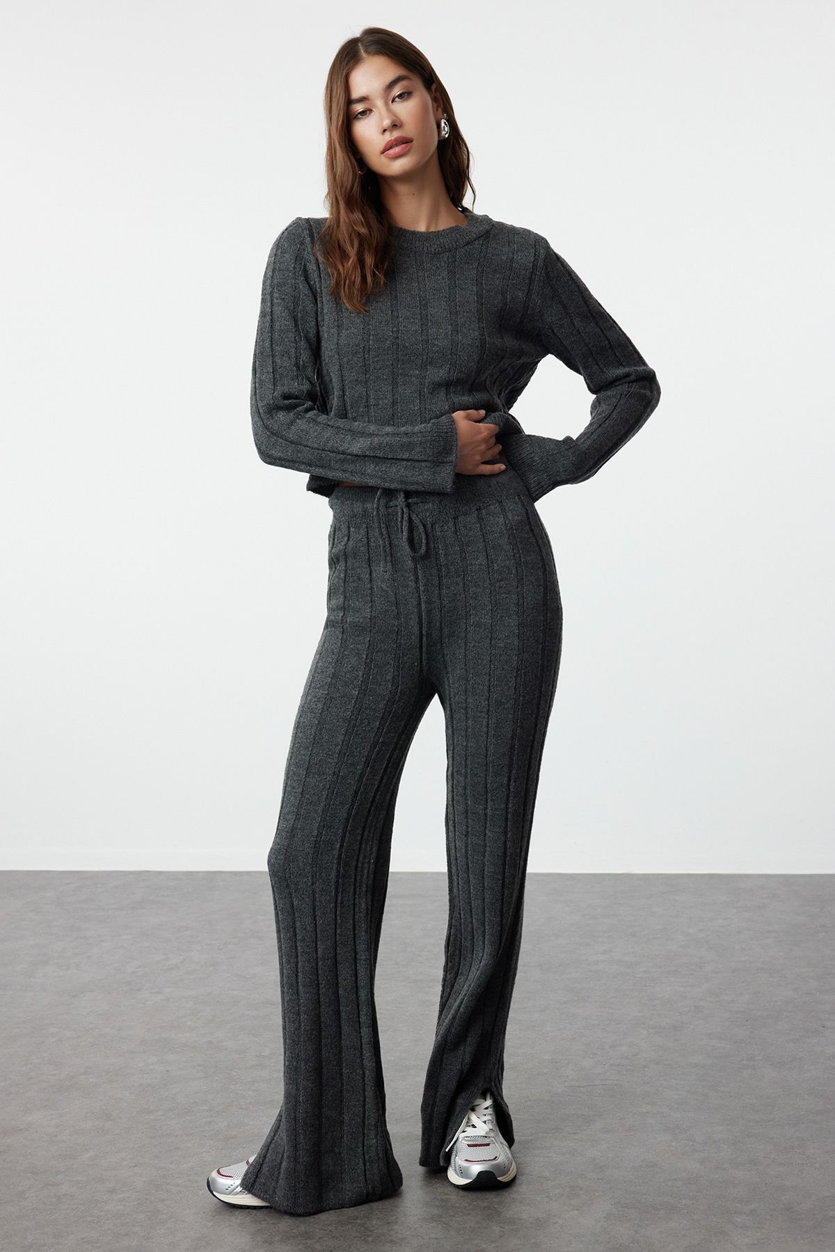 Trendyol Anthracite Crop Sweater-Pants Knitwear Top-Bottom Set