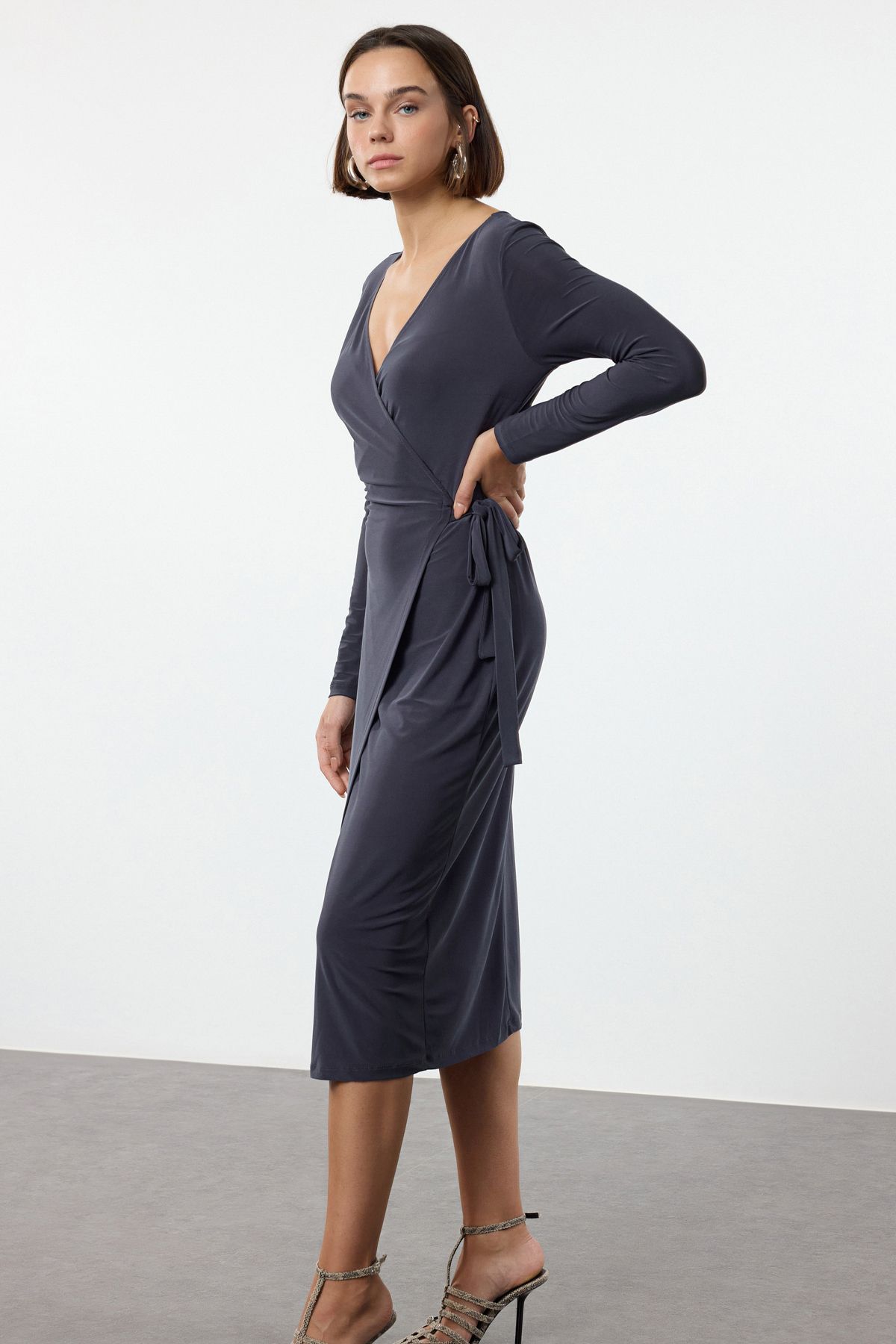 Trendyol Anthracite Double-breasted Belted Fitted/Fits Midi Knit Dress