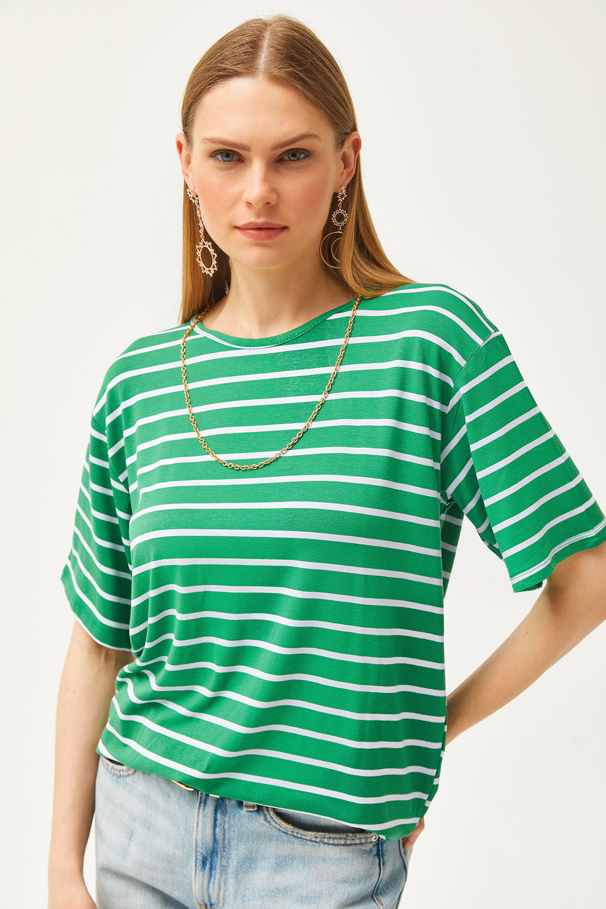 Levně Olalook Women's Grass Green Striped Casual T-Shirt