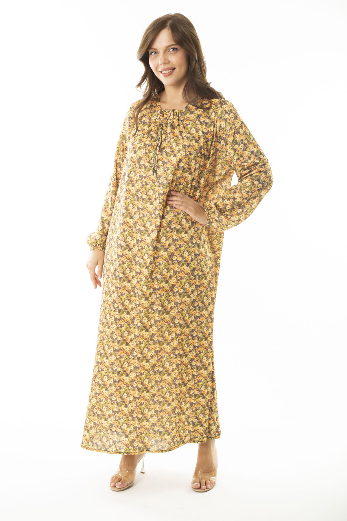 Şans Women's Plus Size Saffron Long Dress With Smocking And Elastic Sleeves Detailed Long Dress
