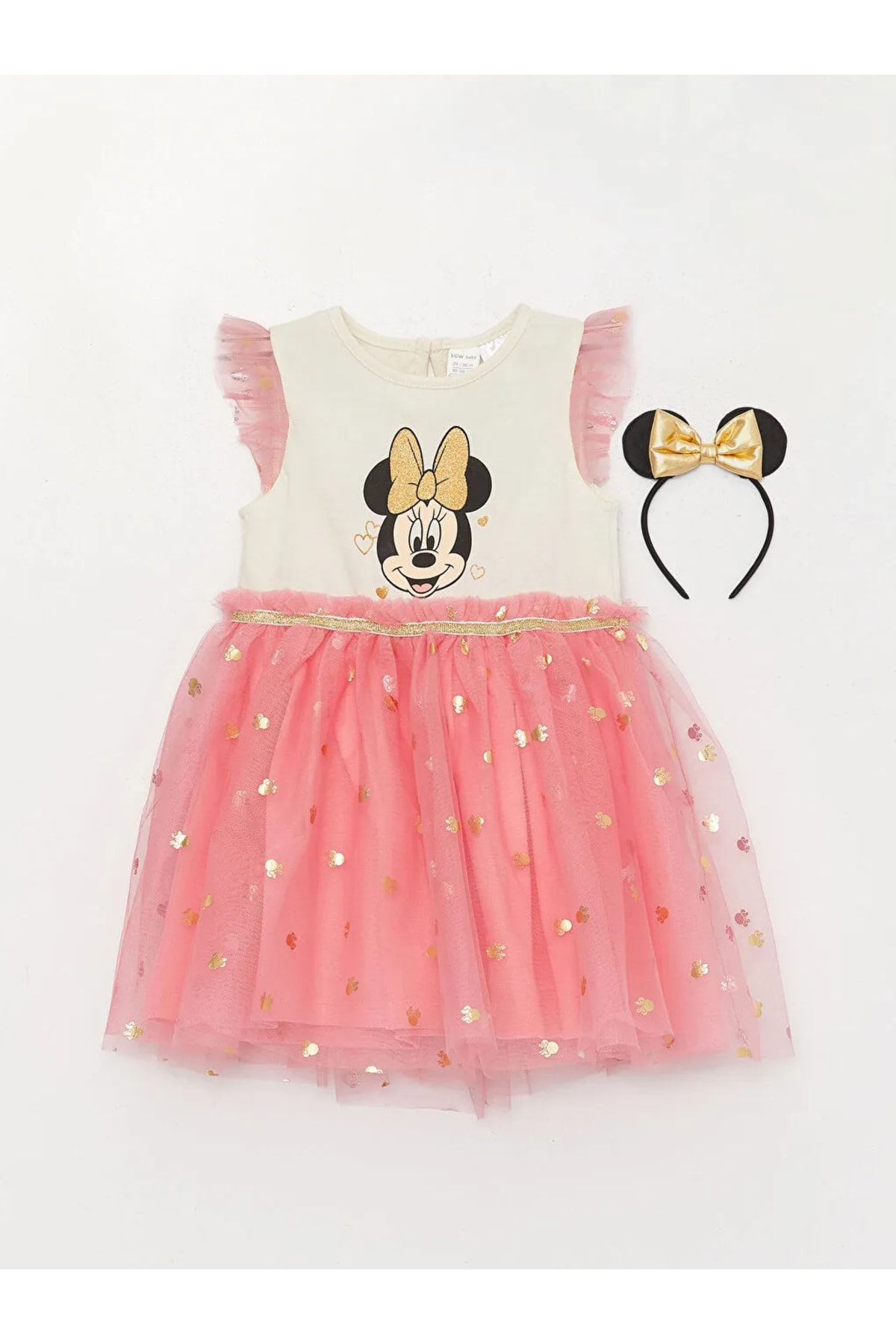 LC Waikiki Crew Neck Short Sleeved Minnie Mouse Printed Baby Girl Dress And Crown 2-piece