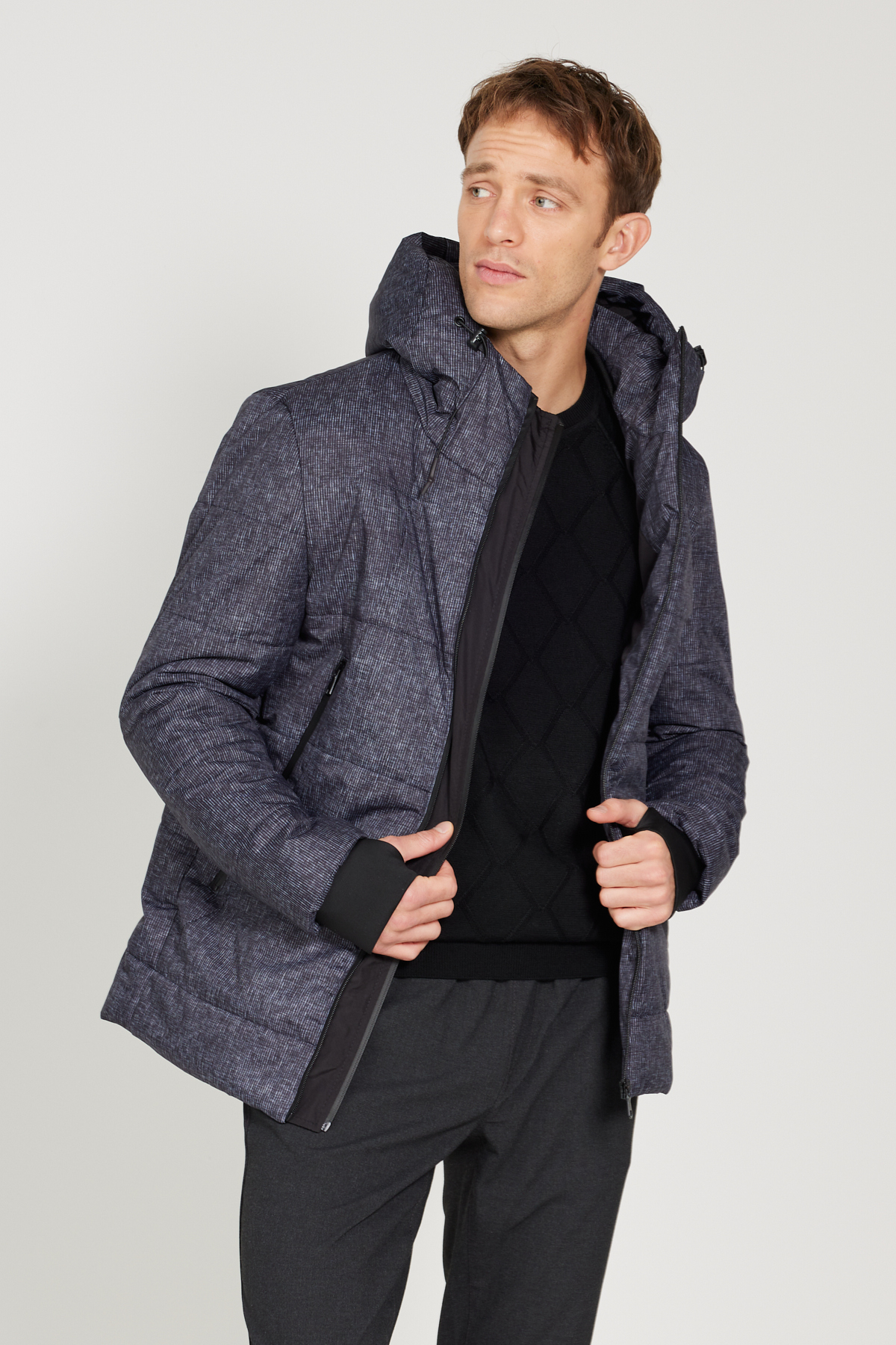 Levně ALTINYILDIZ CLASSICS Men's Anthracite Standard Fit Regular Cut Hooded Patterned Coat
