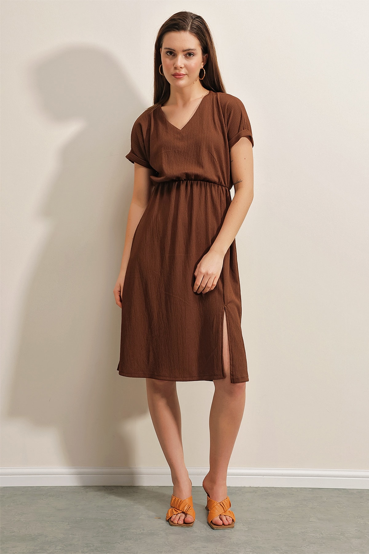 Bigdart 2378 V Neck Slit Knitted Dress - Brown