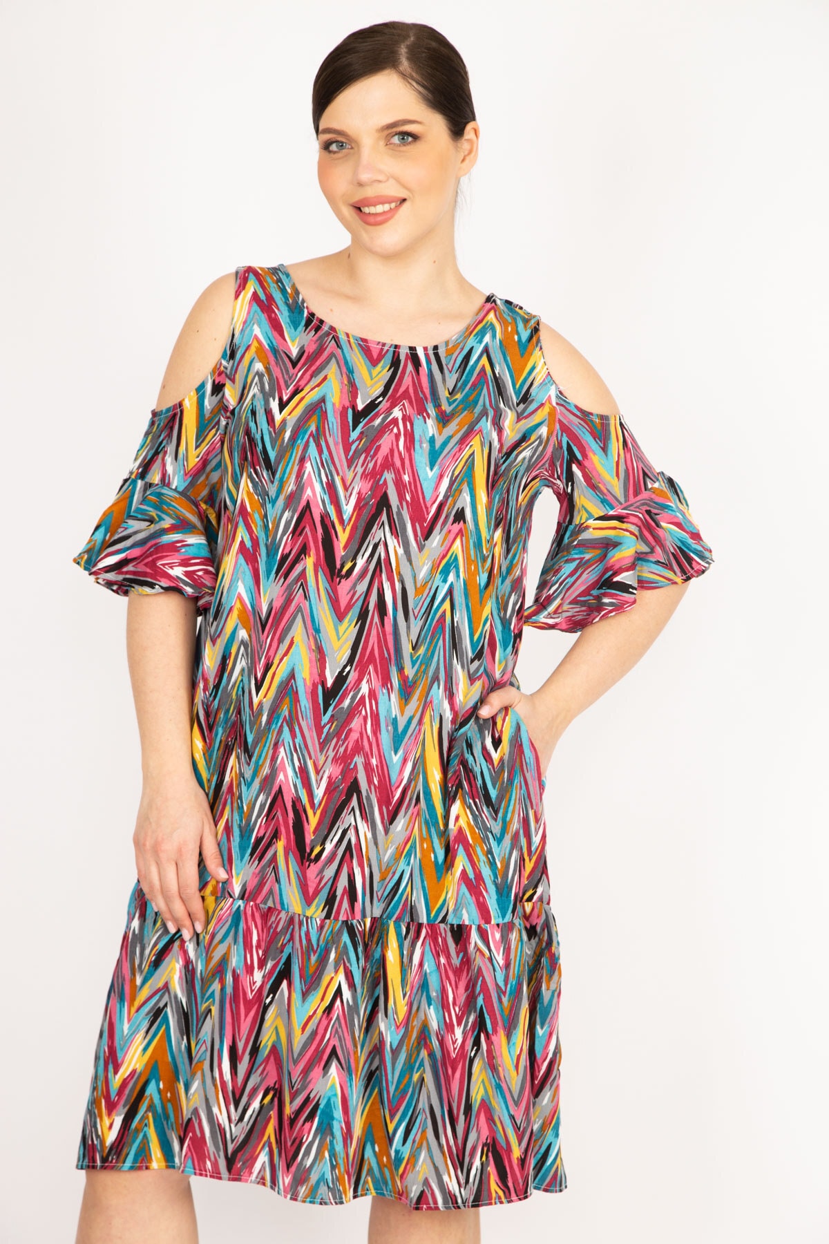 Şans Women's Colorful Plus Size Decollete Woven Viscose Fabric Side Pocket Dress