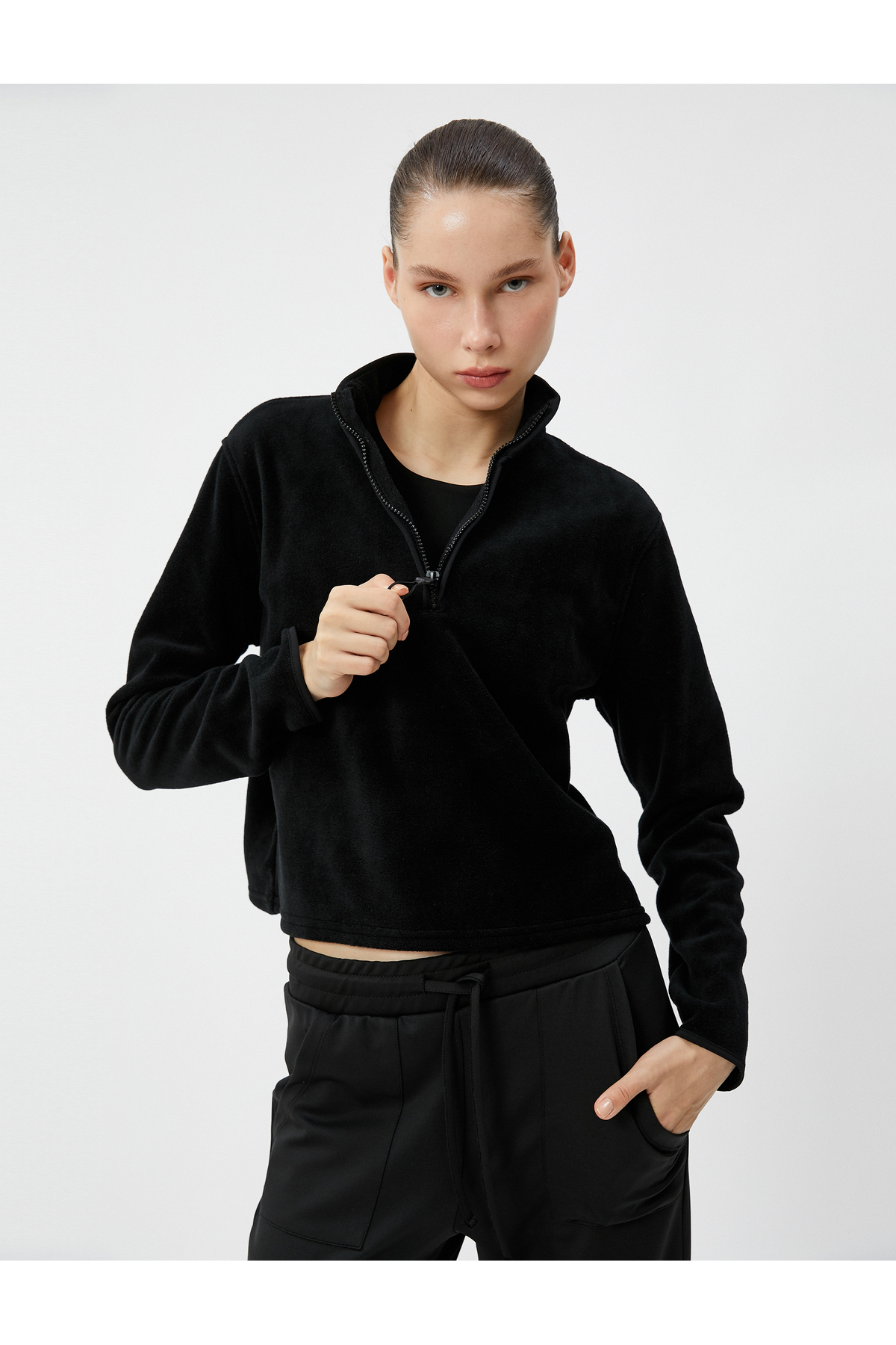 Koton Fleece Sweatshirt Half Zipper Stand Collar Long Sleeve Comfortable Cut