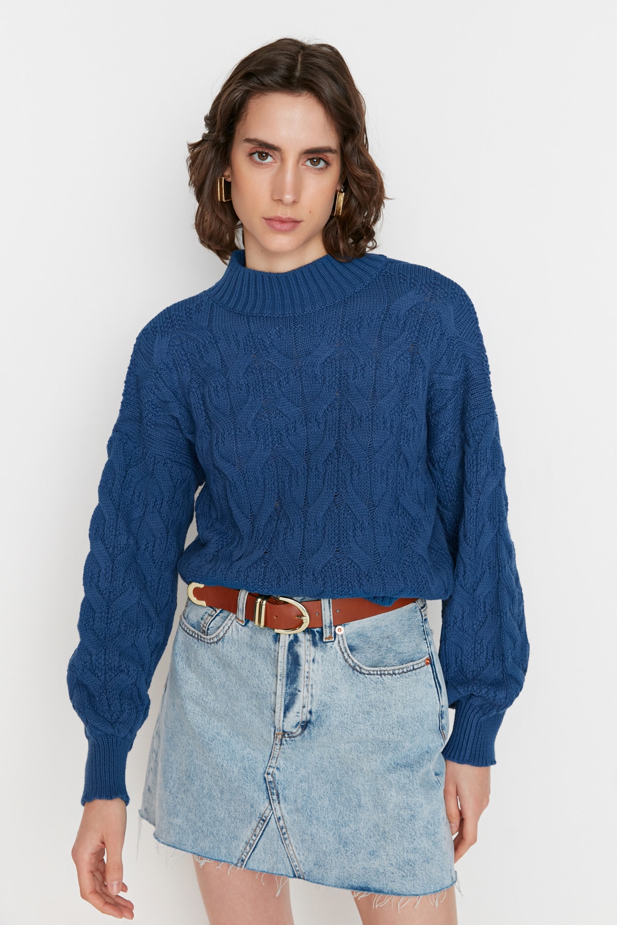 Trendyol Indigo Crop Stand-Up Collar Knitwear Sweater