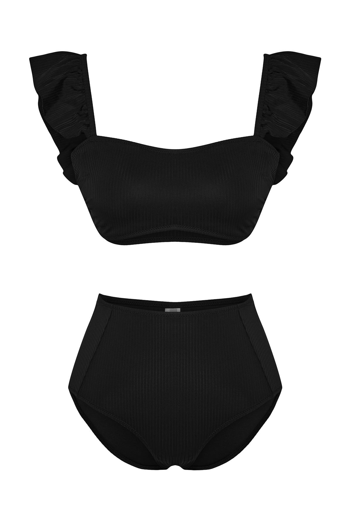Trendyol Black Bralette Frilly Textured High Waist Hipster Bikini Set