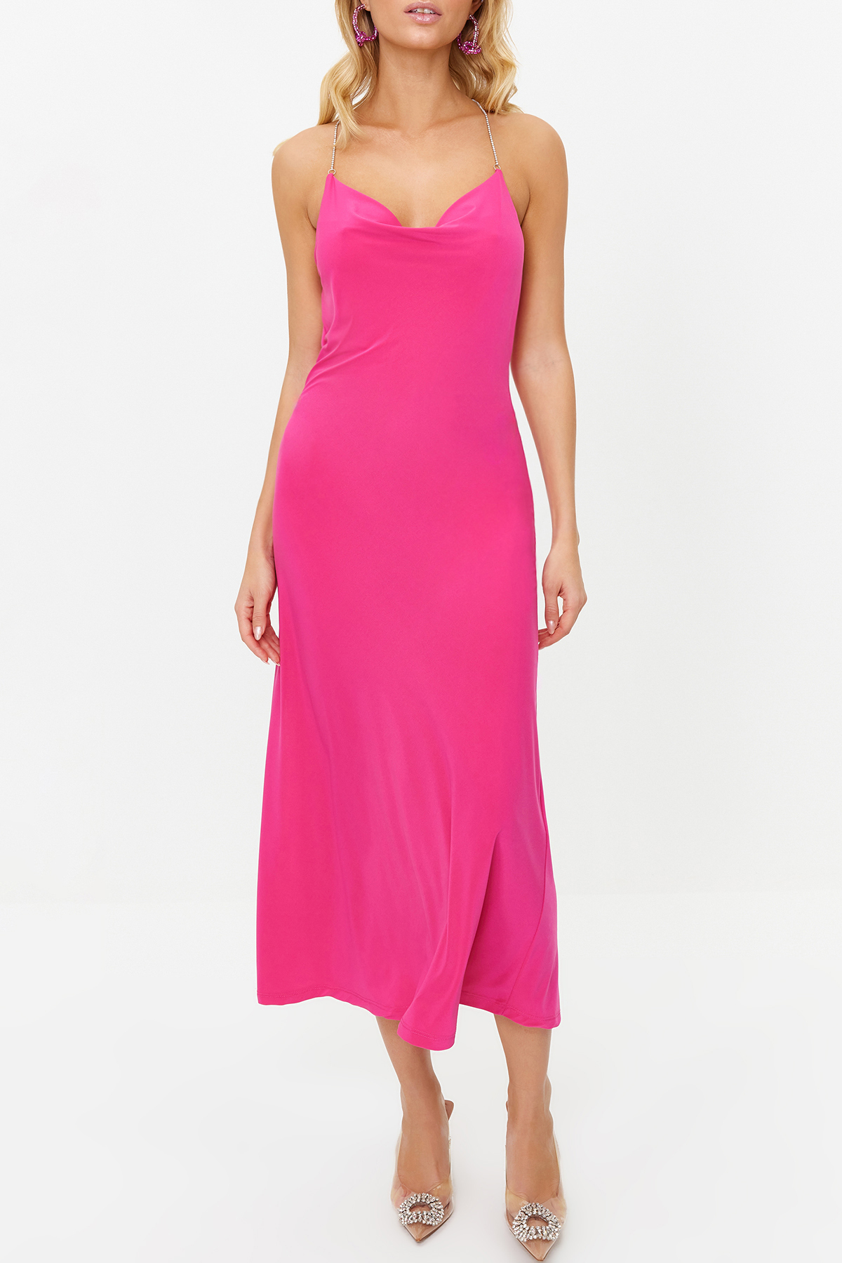 Trendyol Fuchsia Stone Accessory Detailed Knitted Elegant Evening Dress