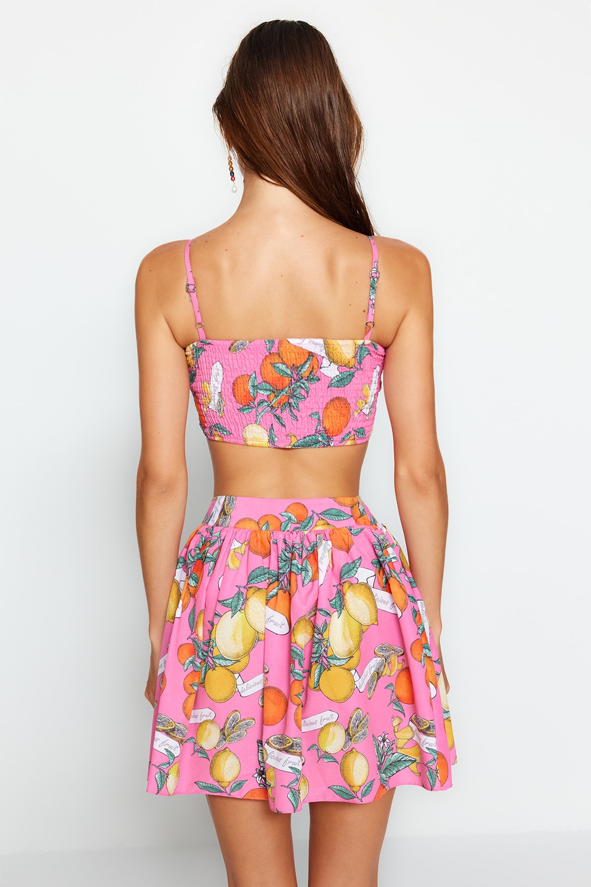 Trendyol Fruit Patterned Woven Tie Blouse Skirt Set
