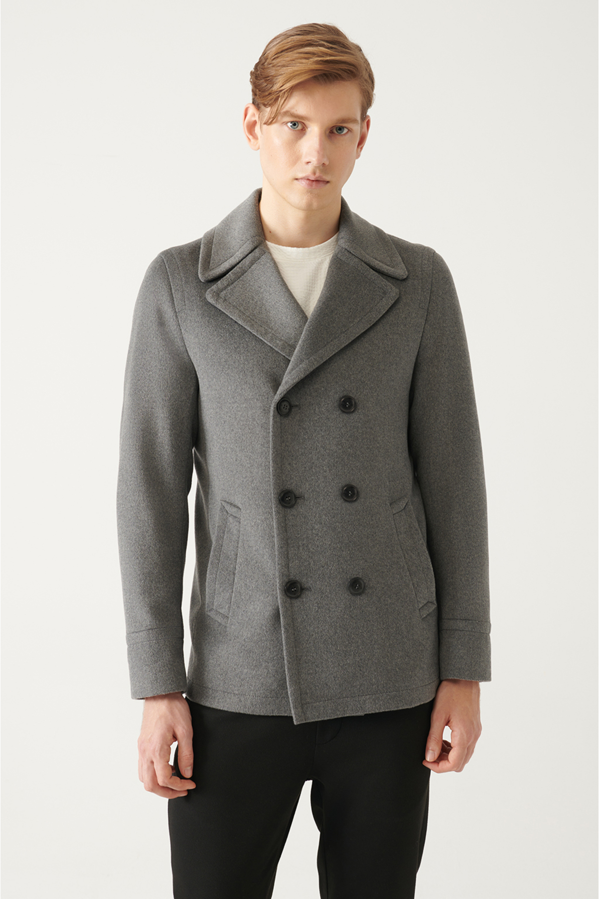 Levně Avva Men's Anthracite Double Breasted Collar Woolen Cachet Comfort Fit Relaxed Cut Coat