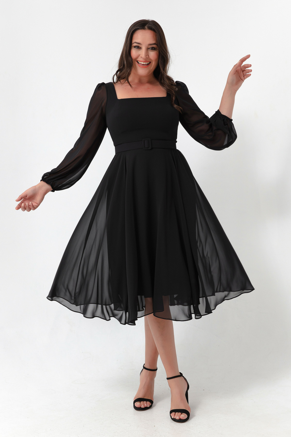 Levně Lafaba Women's Black Square Neck Belted Midi Chiffon Plus Size Evening Dress.