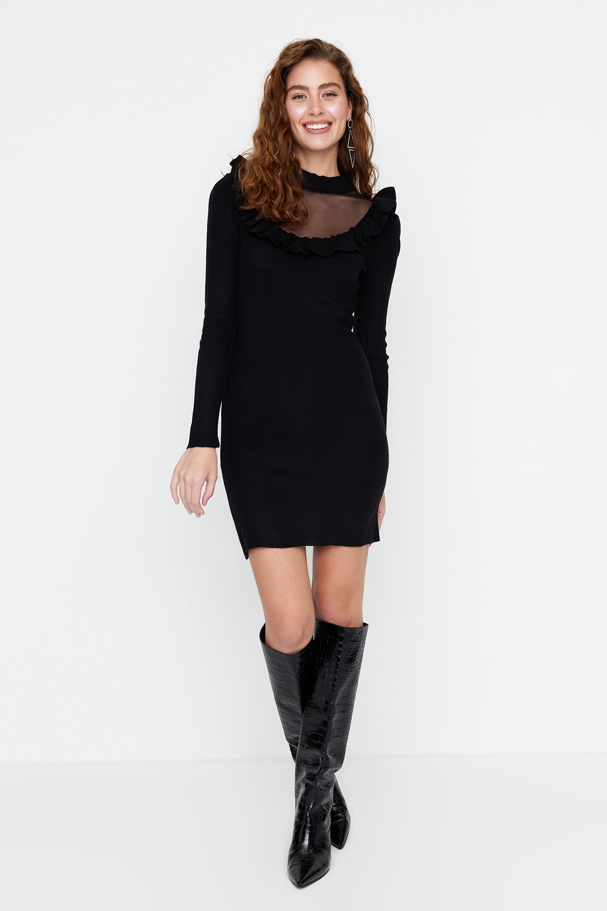 Trendyol Black Tulle Detailed Sweater Evening Dress