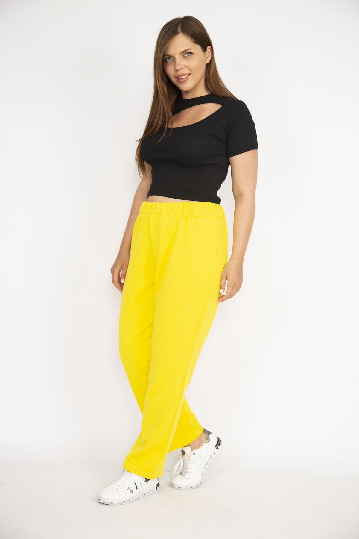 Levně Şans Women's Yellow Plus Size 3 Thread Tracksuit Bottom