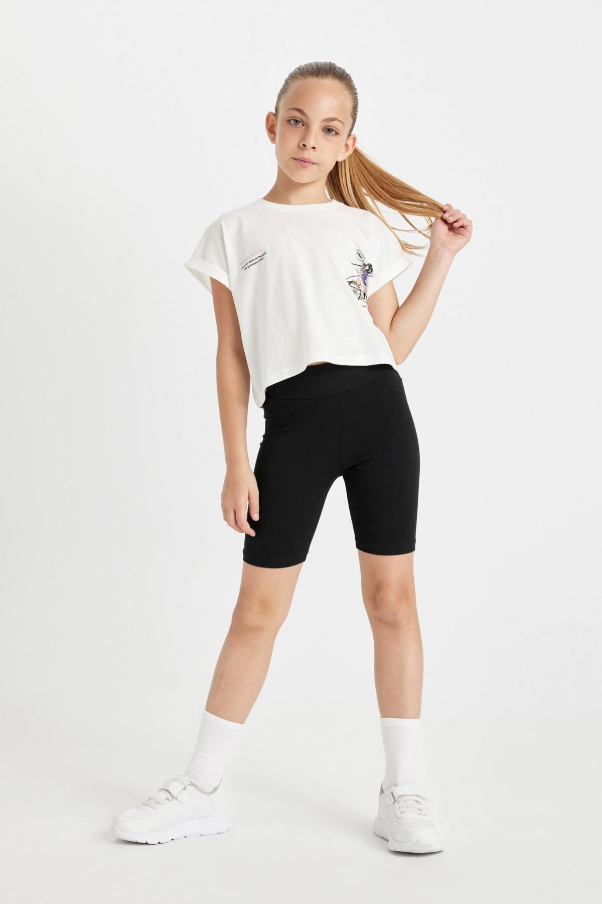 DEFACTO Girl's Printed Short Sleeve T-Shirt and Tights 2-Piece Set