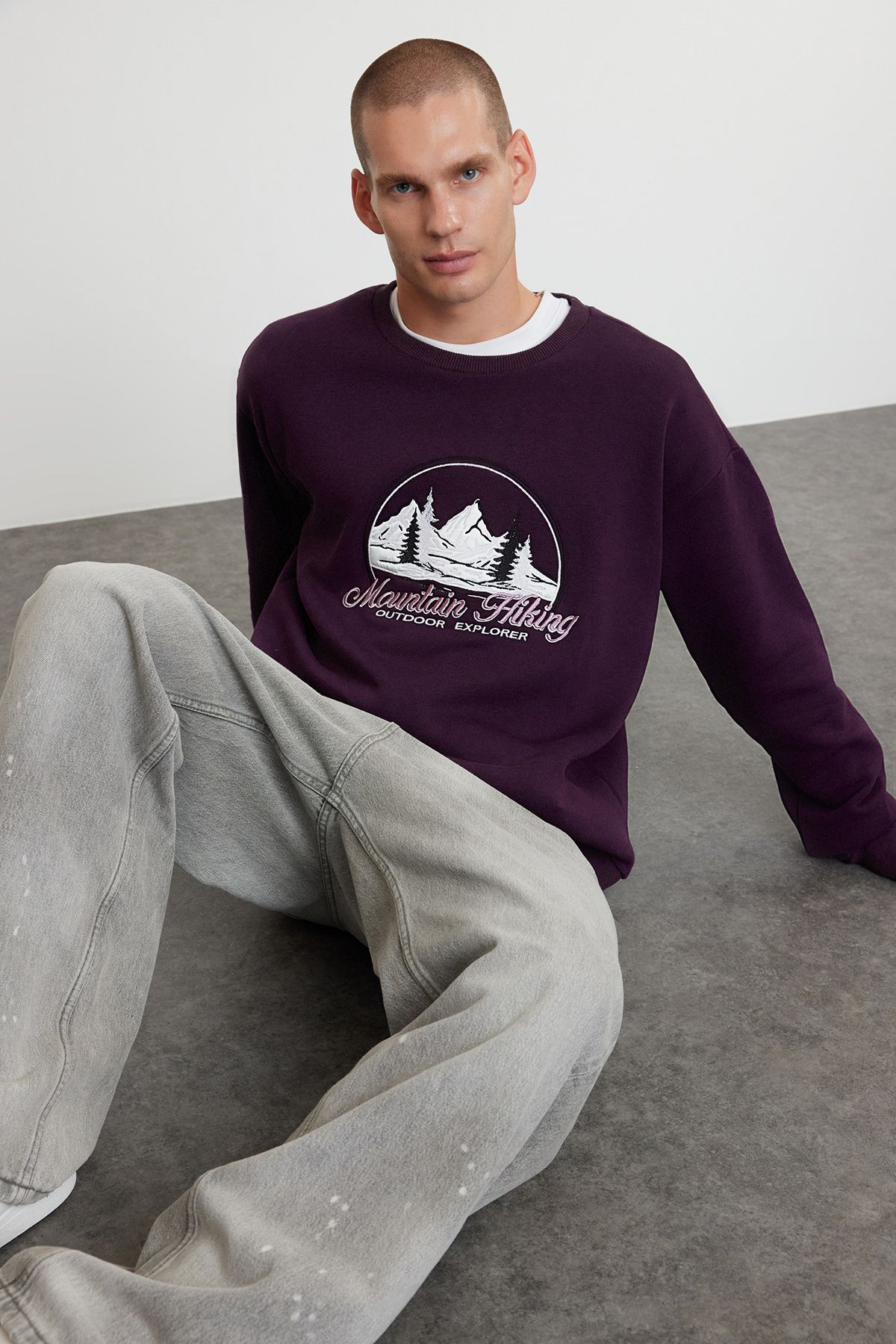 Trendyol Purple Oversize/Wide Cut Embroidered Sweatshirt with Fleece Inside