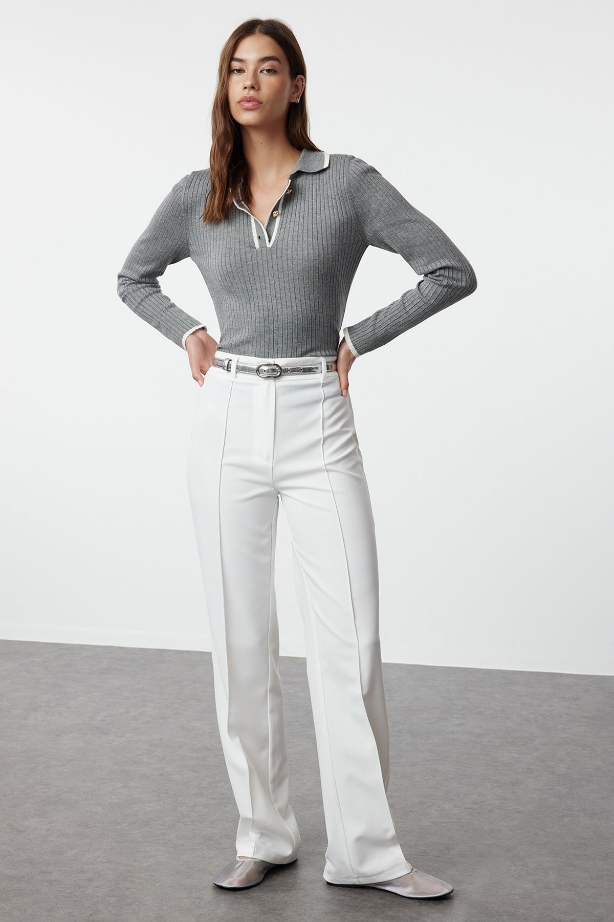 Trendyol Ecru Straight/Straight Cut High Waist Ribbed Stitched Woven Trousers